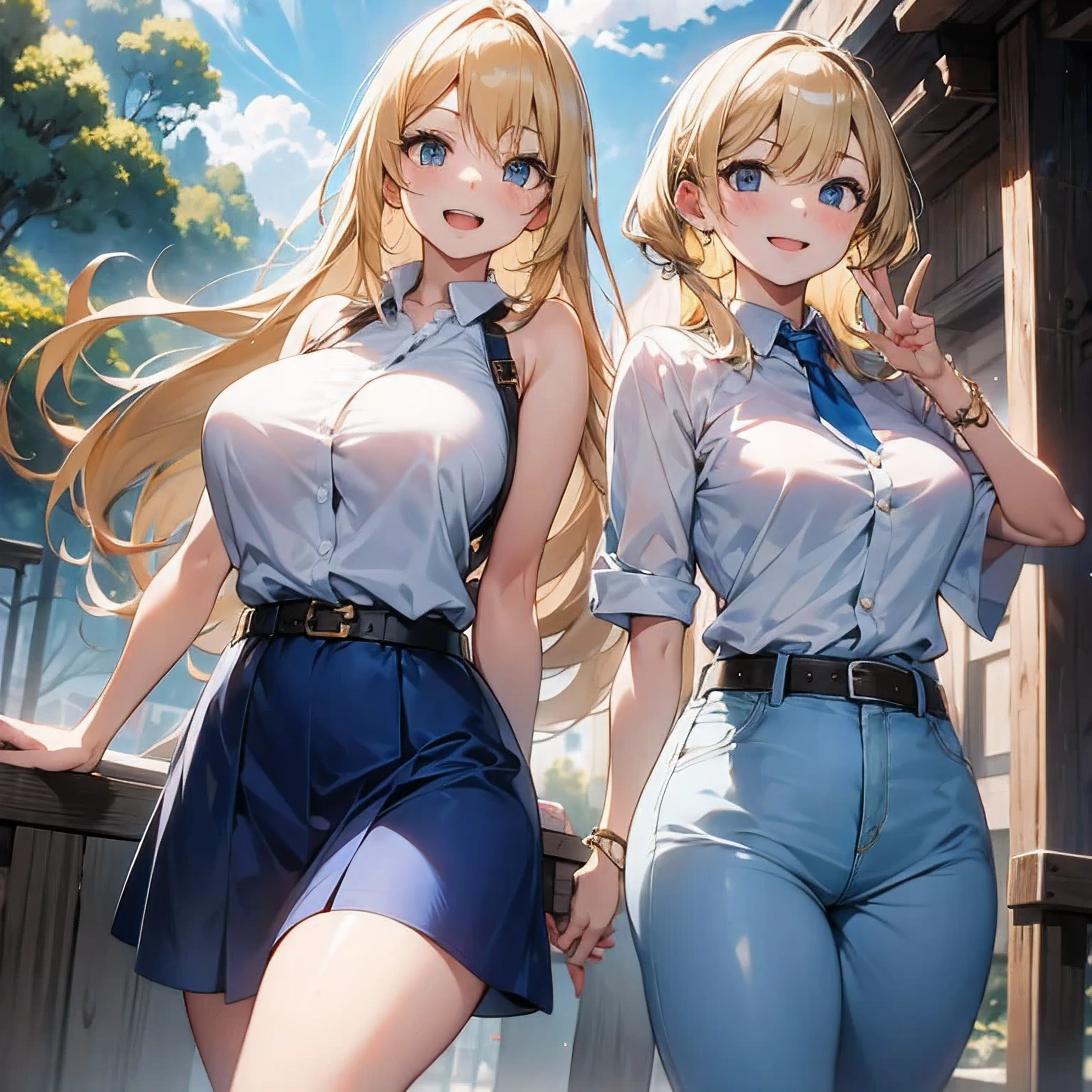 lucy heartfilia, blonde hair, long hair, large breasts, white shirt, sleeveless, belt, blue skirt, standing, looking at viewer, outdoors, waving, smile, open mouth, cowboy shot, masterpiece, best quality, highres