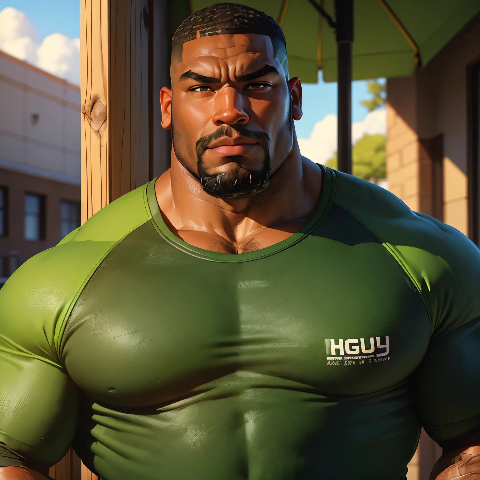 an exaggeratedly muscular and large bodyguard, beefy build, beard, dark-skinned african american male, buzzcut hair with square line, (wearing green college raglan: 1.2), (bara pecs: 1.3), (arm and chest hair: 1.1), close-up portrait HD, (grassy university campus)