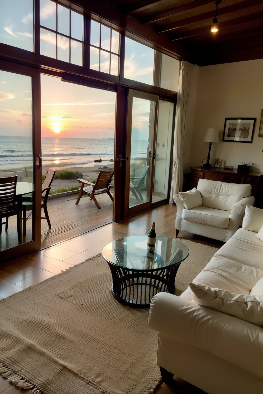 Beach House,Large French windows,Sunset,There is a large comfortable sofa in the room,There is champagne in a champagne bucket on the coffee table,Champagne glass