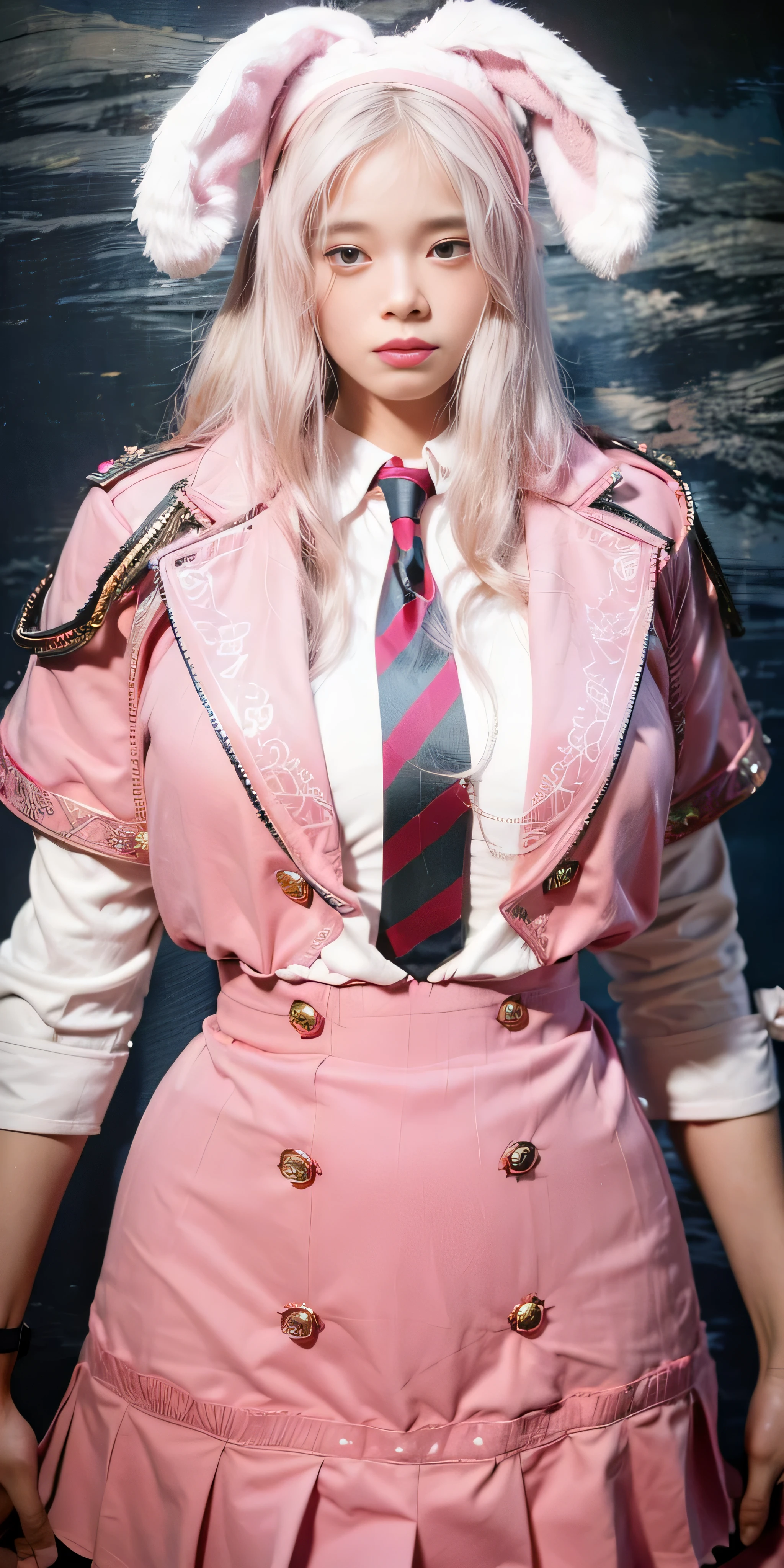 there is a woman in a pink dress and a bunny ears hat, very detailed and rich clothing, magic , pink and pink details, loose coat collar sailor uniform, sailor uniform, ((wearing aristocrat robe)), wearing a noblewoman's outfit, well - detailed outfit, wearing headmistress uniform, wearing a light - pink suit, slick pink armor, bunny ears headband, photorealistic:1.4, UHD, 8K
