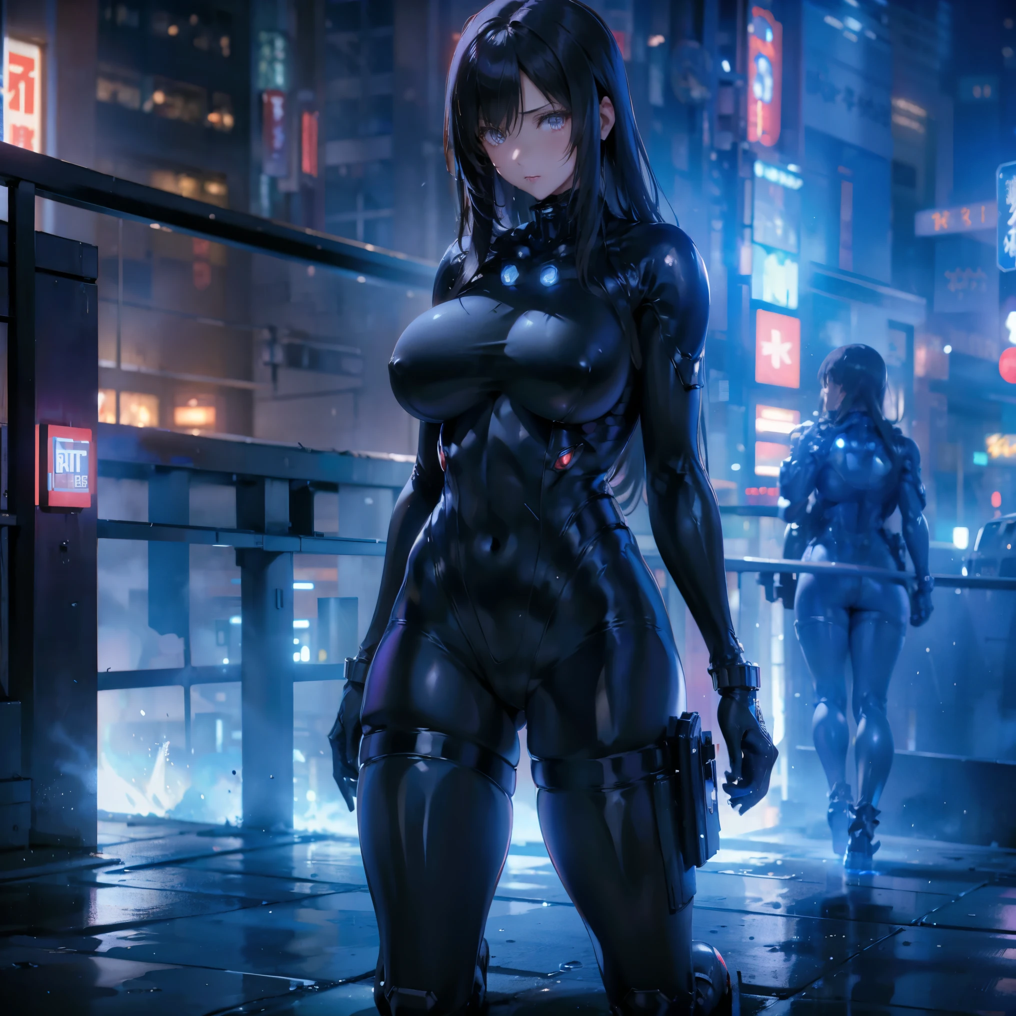 Reika Shimohira、Gantz、Reika Shimohira、beautiful face、1 girl、big breasts、elegant adult woman、beautiful woman、GANTZ、outstanding style、No exposure、full body suit、full body fit suit、luster、night、city、open the thighs