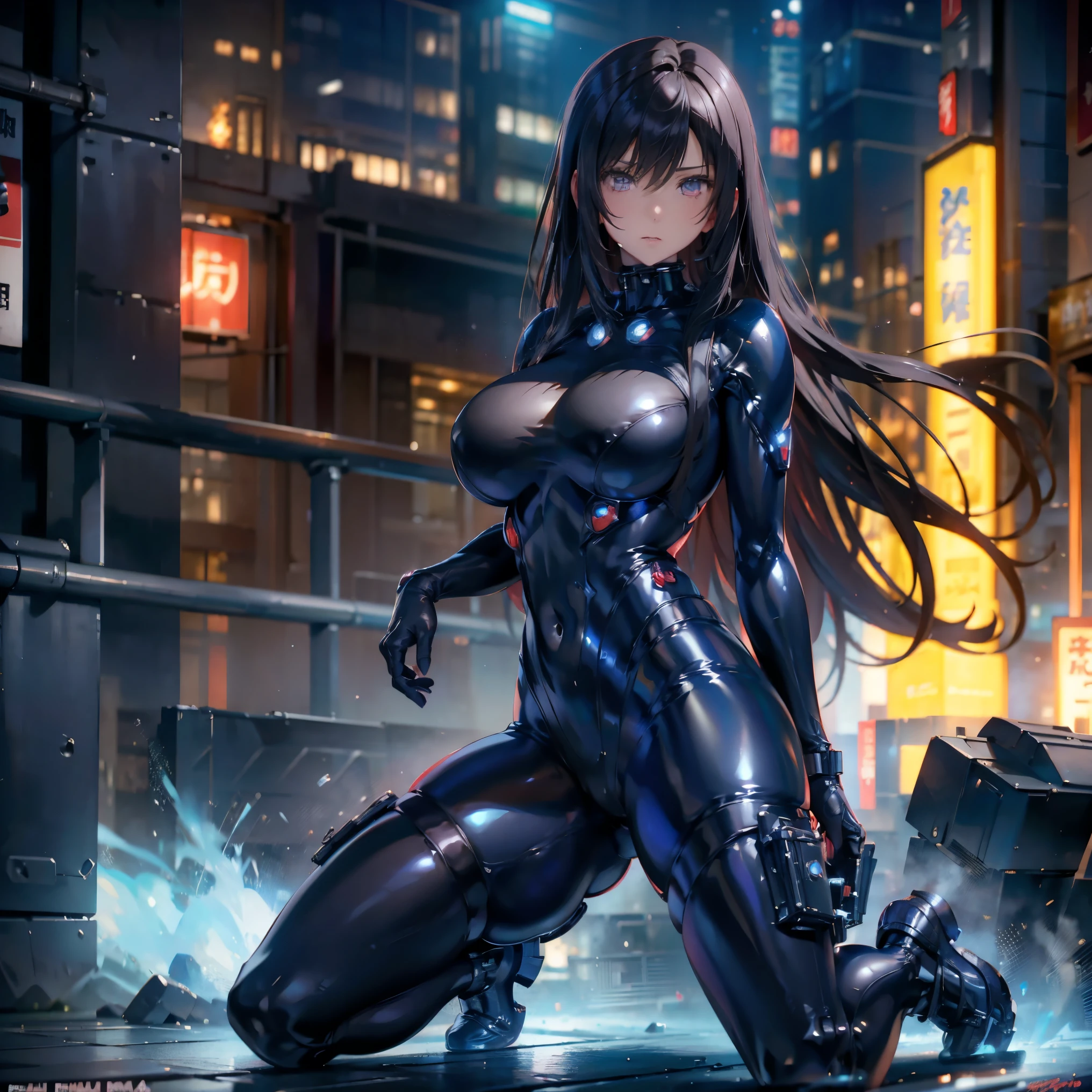 Reika Shimohira、Gantz、Reika Shimohira、beautiful face、1 girl、big breasts、elegant adult woman、beautiful woman、GANTZ、outstanding style、No exposure、full body suit、full body fit suit、luster、night、city、open the thighs