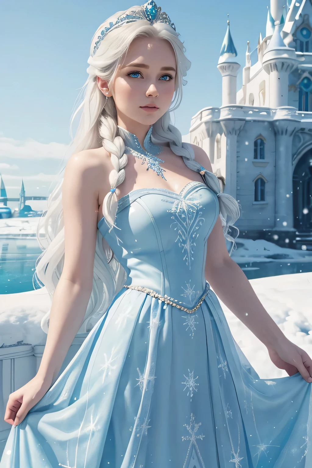 detailed face of half body photo. 25 year old young Irish girl with a sweet face, big round face and long white wavy hair, wearing a luxurious ice blue Elsa Frozen style snow queen Sleeveless and strapless long dress with ice pattern with her hands holding a super long transparant skirt with a magnificent European-style palace made of blue ice in the background