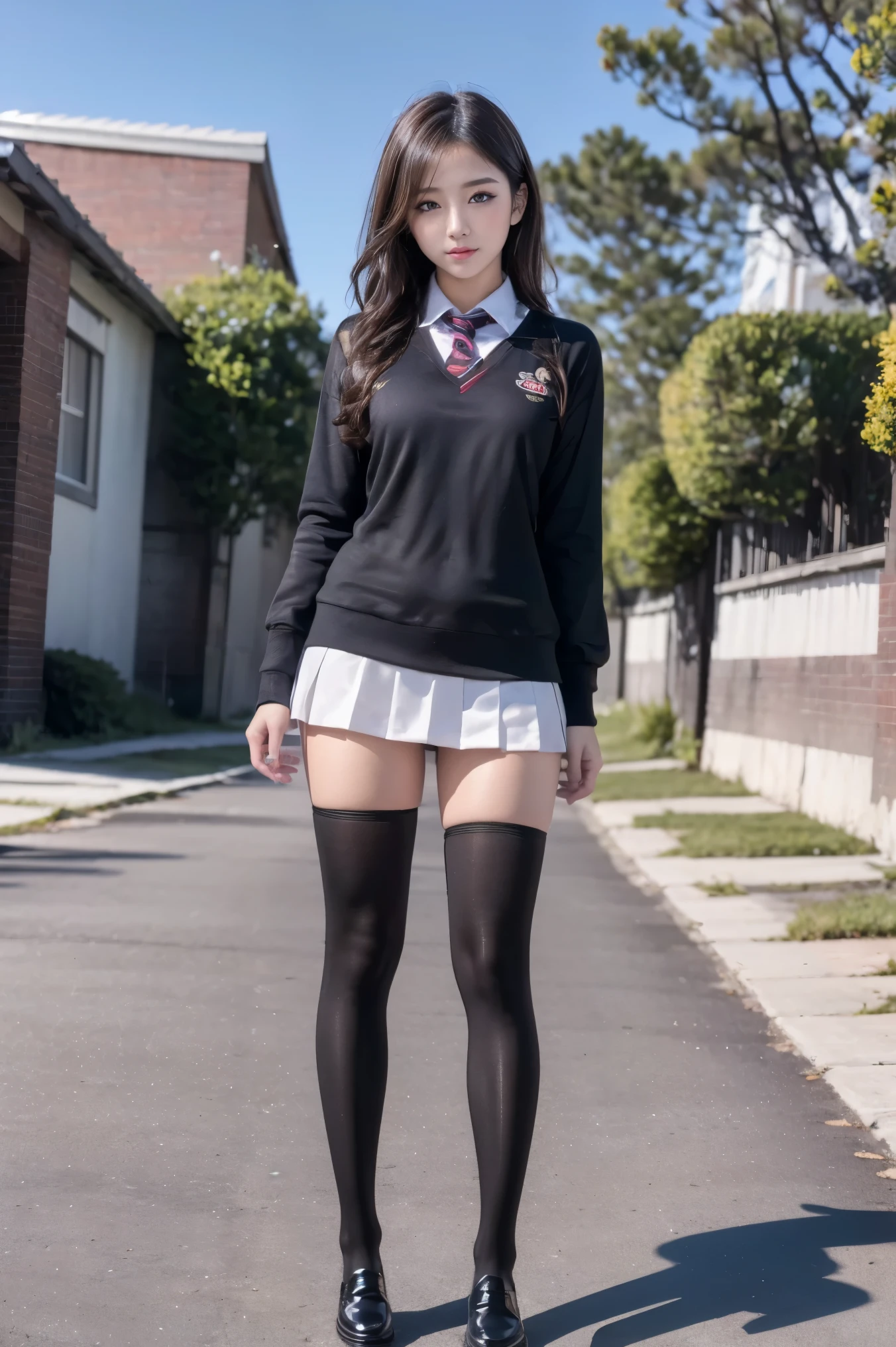 (((There is one girl:1.5))),Gal,(((A tall high school girl with a model figure))),Perfect proportions,(Standing facing this),Full body photography,(wide thighs, Very long legid-chest,Breast enlargement,swelling of the nipples,地面にloaferasterpiece:1.3),((8k, Photorealistic:1.4,Surreal,RAW Photos, highest quality: 1.4,Ultra high definition,Super detailed)), Beautiful Face,(Realistic face),(Brown's shortcuts:1.3),Short Hair,Disheveled Hair,Fluffy hair,Detailed eyes,Realistic beautiful skin,Golden Ratio,Super cute,High school girl in summer clothes,White shirt,Sweaty,Wetty,Light clothing,Surreal school girl, pleated micro mini skirt,pantyhose,(Black Stockings),((Knee-high stockings)),loafers,Esbian all over,High school girl wearing JK uniform,Sexy pose