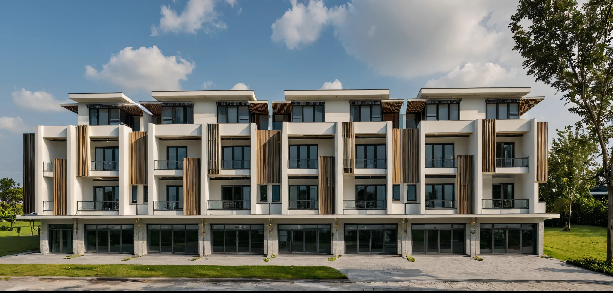 Masterpiece, high quality, best quality, authentic, super detail, outdoors, onestoreyvillaXL, aiaigroup, house style modern on the street ,stairs, white wall ,road,pavement, grass, trees, sky, cloud, (daylight:1.1)