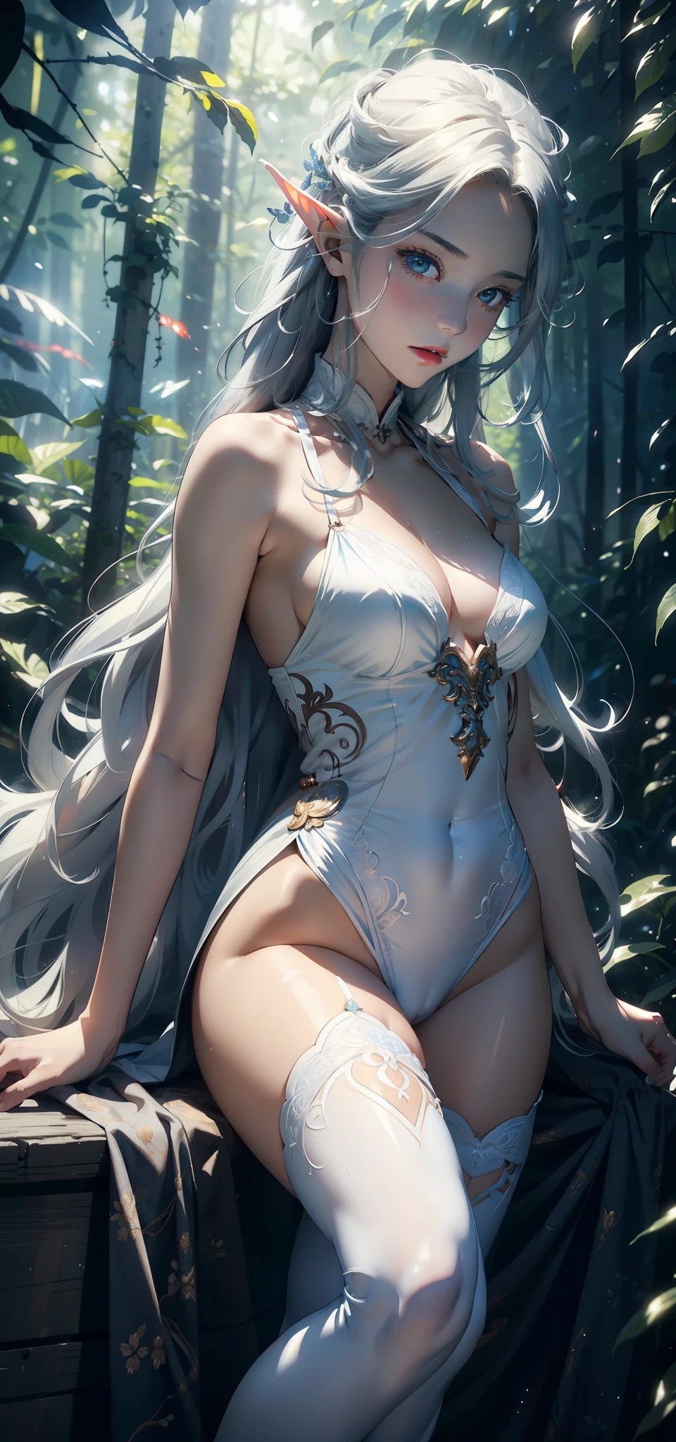 1 female，Small Loli（background：In the woods，Rainforest，In the summer，Strong wind） She has long white hair，Extra long hair，Long hair flying，Straight Hair，Red lips，stand up，Front view， OK， Gloomy sky，（（（masterpiece），（Highly detailed CG Unity 8k wallpaper），最OK质量，Light，详细background，Beautiful blue eyes，（Very delicate and beautiful），（Beautiful and detailed description of the eyes），Super detailed，masterpiece，）），face camera，high resolution，Super detailed），Exposing breasts，Exposing genitals， Convex，Camel toe，Sexy bulge，Elf King（wear：，White pantyhose）