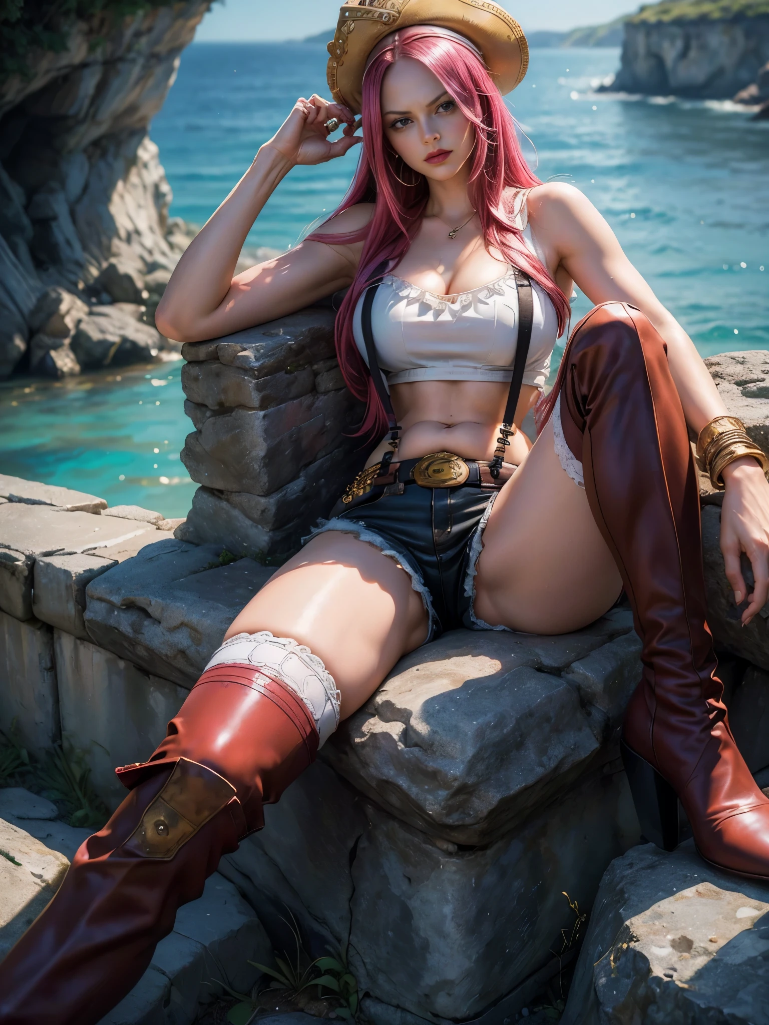 ((top-quality, 8K, masterpiece:1.3)), detailed eyes, (looking at from the front), Look at the camera, ((Everything is sparkling, reflecting light:1.2)), (Best Ratio: 4 fingers, 1 thumb), (portrait), (((Jewelry Bonney from One Piece))), JewelryBonneyV2, 1girl, solo, (cute Asian face),((cute face)), long hair, pink hair, pirate's hat, ((slim girl, large breasts, hyperdetailed lips)), red lips, (thighhighs, tank top, suspenders, boots, purple eyes), navel, midriff, crop top, belt, suspender shorts, complex detailed background, barren land, rocks, ocean, nature environment, (sitting, open legs :1.5)