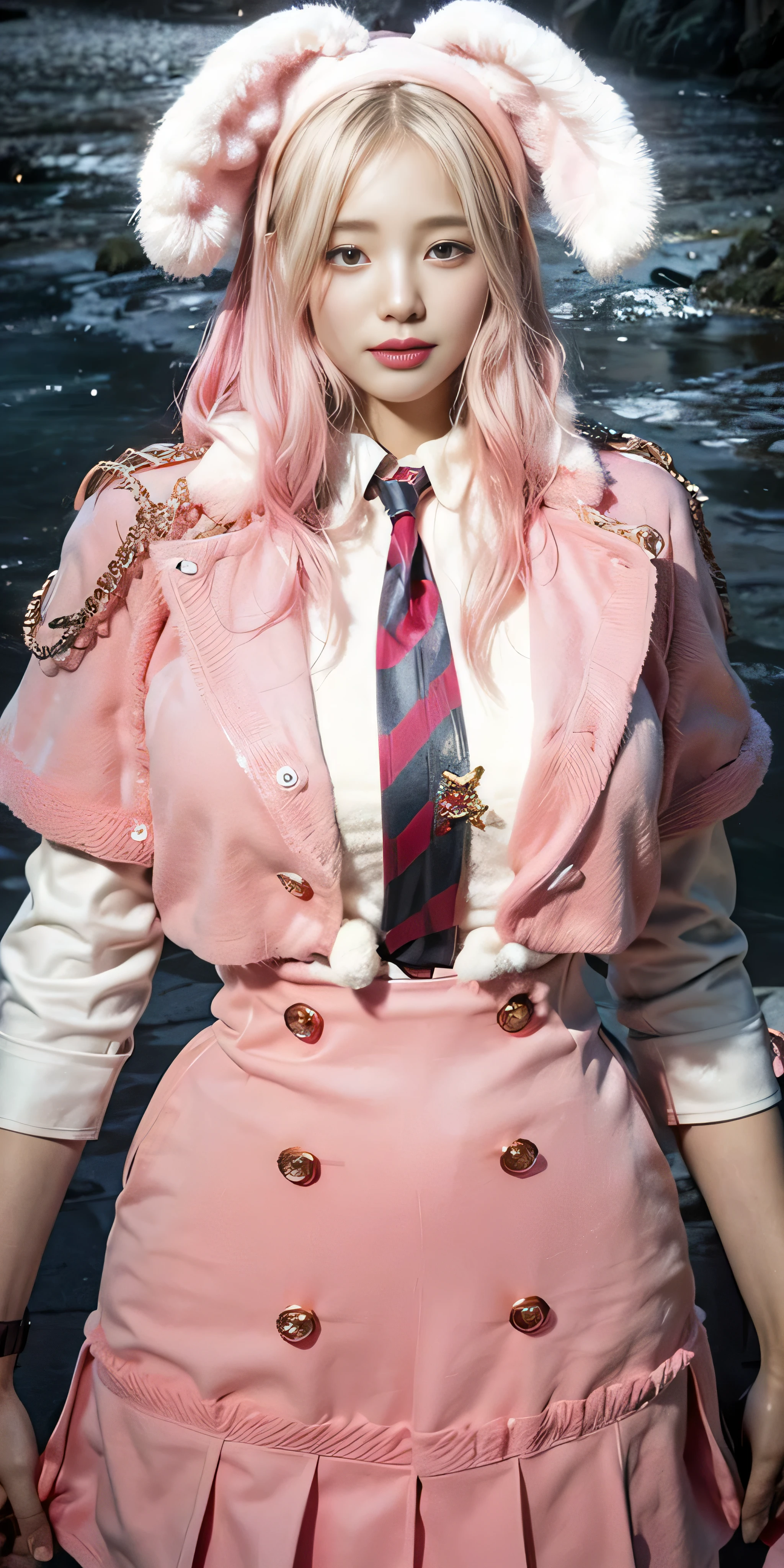 there is a woman in a pink dress and a bunny ears hat, very detailed and rich clothing, magic , pink and pink details, loose coat collar sailor uniform, sailor uniform, ((wearing aristocrat robe)), wearing a noblewoman's outfit, well - detailed outfit, wearing headmistress uniform, wearing a light - pink suit, slick pink armor, bunny ears headband, photorealistic:1.4, UHD, 8K