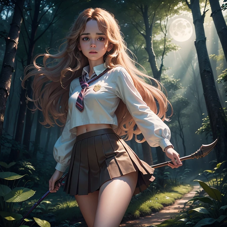 Realistic photography, high quality, Twenty-year-old Hermione Granger catches magical frogs in a forest clearing near Hogwarts, she is wearing a short skirt and a tight top, thin waist, detailed face, Moonlight night, thin hips, (unicorn in the distance: 1.1), strong wind, magic light, Danger