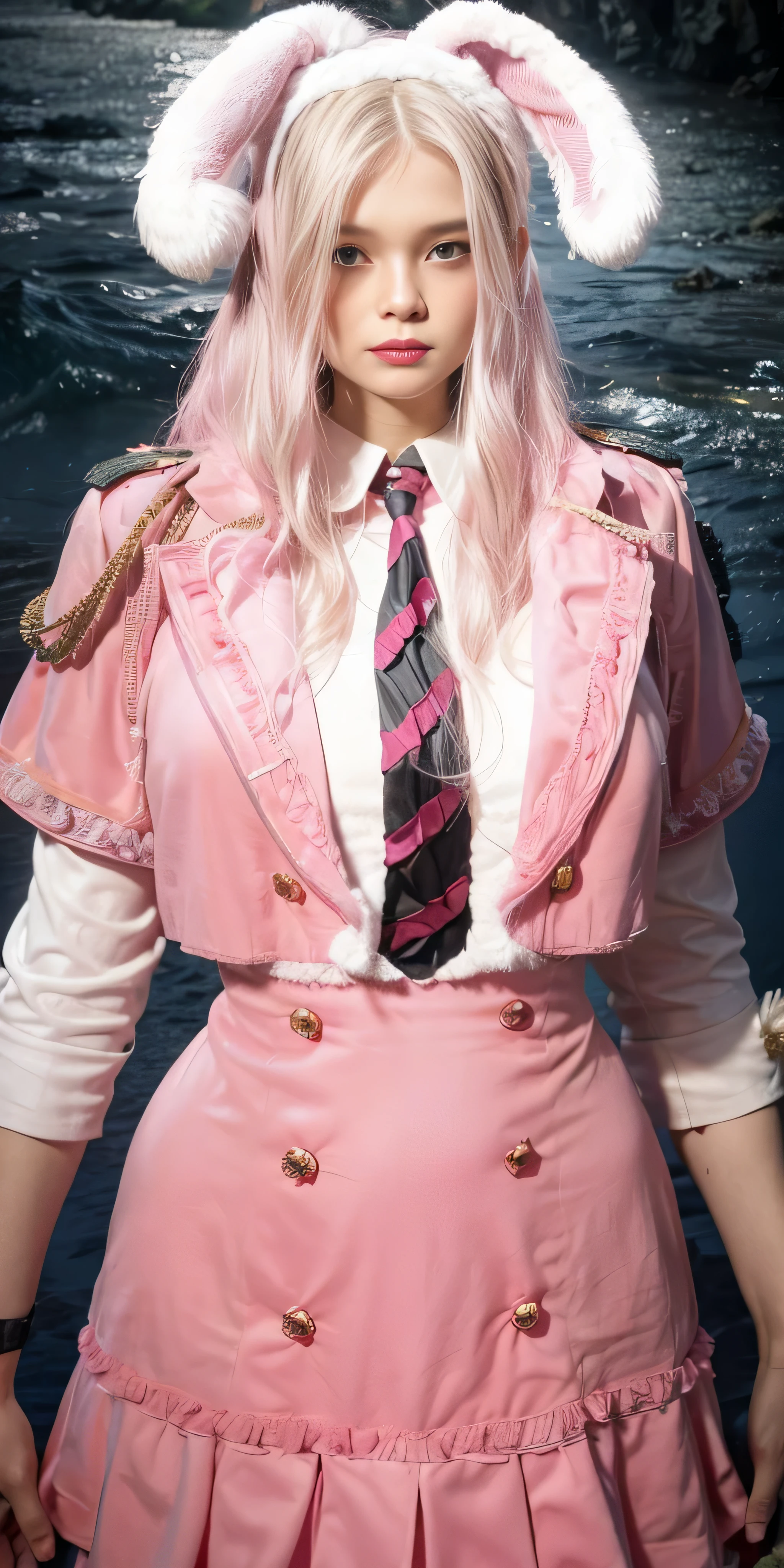 there is a woman in a pink dress and a bunny ears hat, very detailed and rich clothing, magic , pink and pink details, loose coat collar sailor uniform, sailor uniform, ((wearing aristocrat robe)), wearing a noblewoman's outfit, well - detailed outfit, wearing headmistress uniform, wearing a light - pink suit, slick pink armor, bunny ears headband, photorealistic:1.4, UHD, 8K