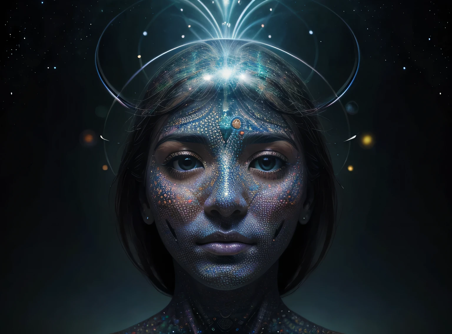 Artistic representation of idealism, illustrating man's comprehension of the eternal nature of existence as an existential goal, colorful, detailed, surreal, metaphysical, mystic, intersubjective, universal, cosmic, symmetry, tessellation, fractal, intricate, human, social