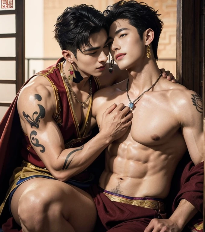 Two handsome boys kissing, smiling at each other,hugging, kissing, touching lips, cuddle, romantic,skin ship, Chinese Men God, Mythology, realistic, Chinese odyssy, super Handsome,manly, kpop idol, handsome korean actor, 20 years old,, detailed face, manly jawline, detailed mess curly styling hair, Topless, Muscles, big breast Athlete body, Full Frame,full body shoots, Sexy, realistic, human skin, tattoo breast, Professional studio Lighting, long red tibet wedding Outfit, jade and golden pendent all over , detailed jewery in dress, earings,Chinese ancient wedding Background,out door, super detailed background,look at camera , open mouth, sexy Underneathe Underwear, tibet Warrior, Hanfu red wedding dress, tibet Male, tibet Nobel, Seduce , bare chest , tattoo chest, tattoo arms, tattoo hands, tattoo back, tattoo legs , big juicy butts.