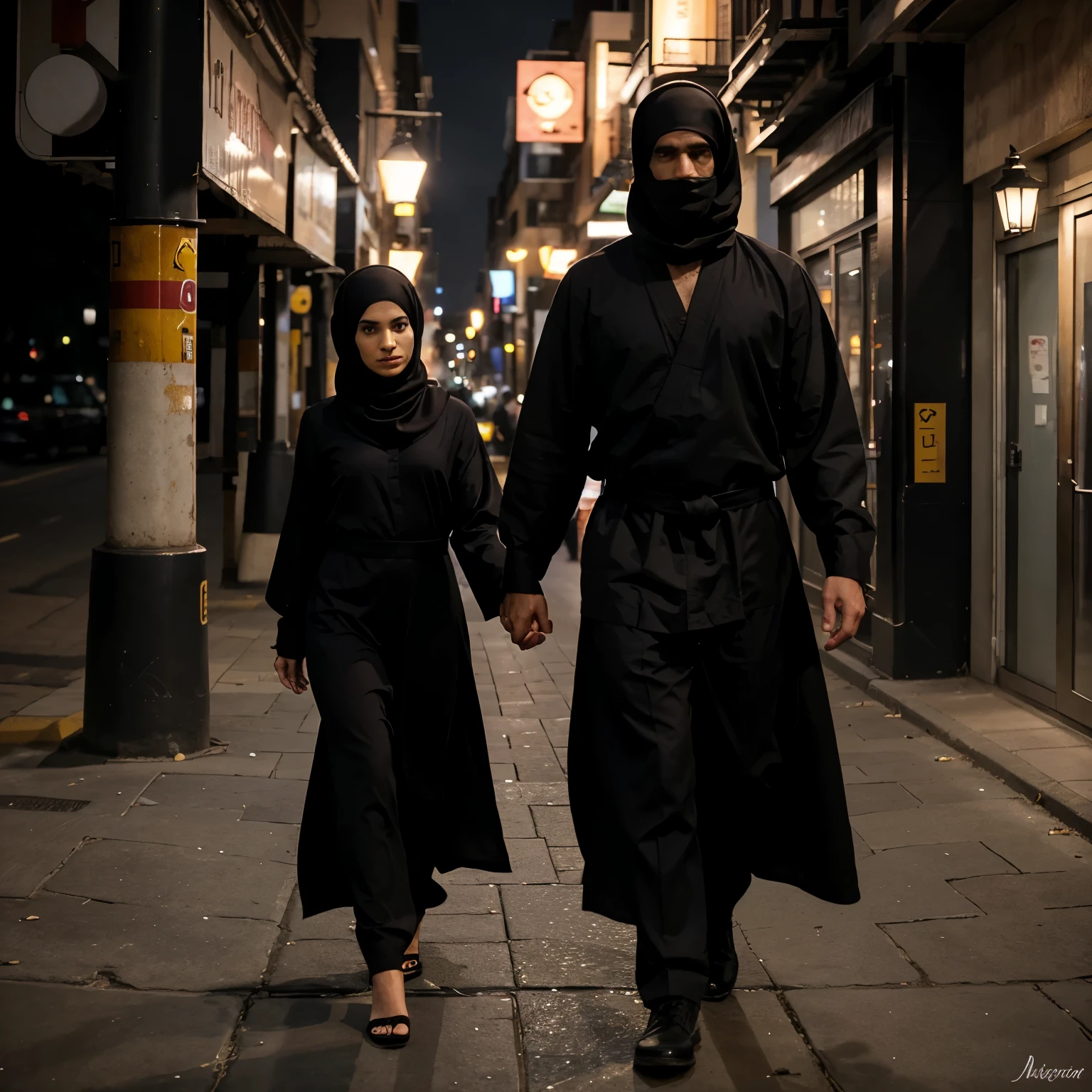 A couple with the man taller than the woman walks towards the west under the street lights in the evening. The woman is dressed in a brown abaya and a black headscarf, while the man is wearing all-black martial arts attire. The photo has a distant view. 