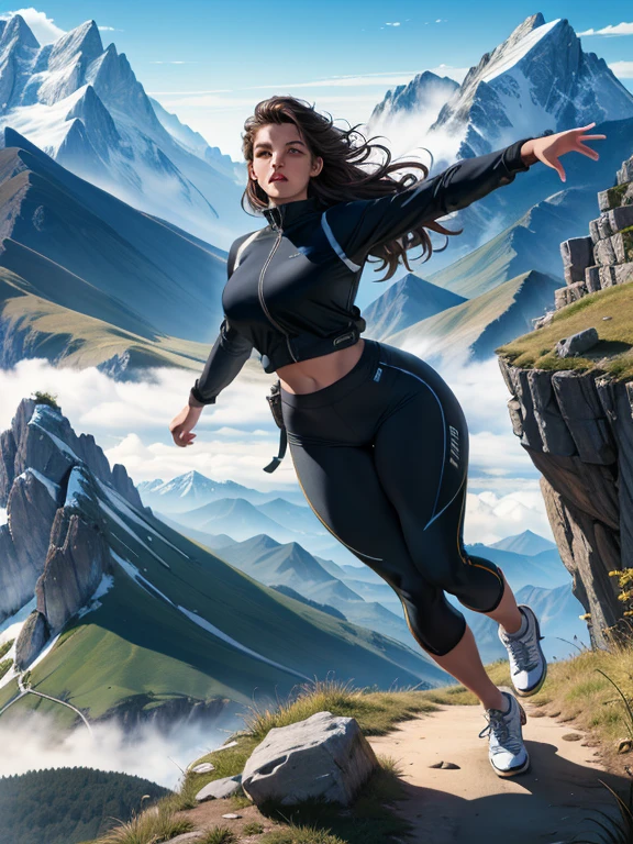 (best quality, masterpiece:1.2), ultra-detailed, realistic:1.37, 8k, highres, extremely detailed background, silhouette of a girl walking up a hill that leads to majestic mountains, (sportswear outfit in a mountaineer style with long sleeves and pants), figures reaching out under the sunlight shining from the mountaintop, beautiful scenery adorned with earth tones, a scene filled with hope, expression that evokes gentle emotions in viewers, prioritizing landscape with minimal depiction of figures.