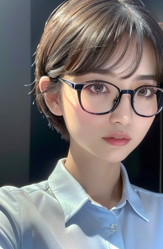 (best quality,8k,high resolution,masterpiece:1.2),
(ultra-detailed,realistic:1.37),(portraits),
(short hairstyles),(Wellington-shaped glasses with black cell frames:1.2),
(A lady of pure essence, adorned with innocence and a pristine aura, yet fortified with an unwavering inner strength, exudes a gentle grace.),
(A Japanese woman, 30 years old and 155cm tall.),
(She wears a neat, short hairstyle that gives off a clean impression, complemented by a pair of black cell frame glasses.),
(In impeccable attire, a woman adorned in a sky-blue shirt gazes upon me with gentle eyes, her presence a soothing balm to the soul.),