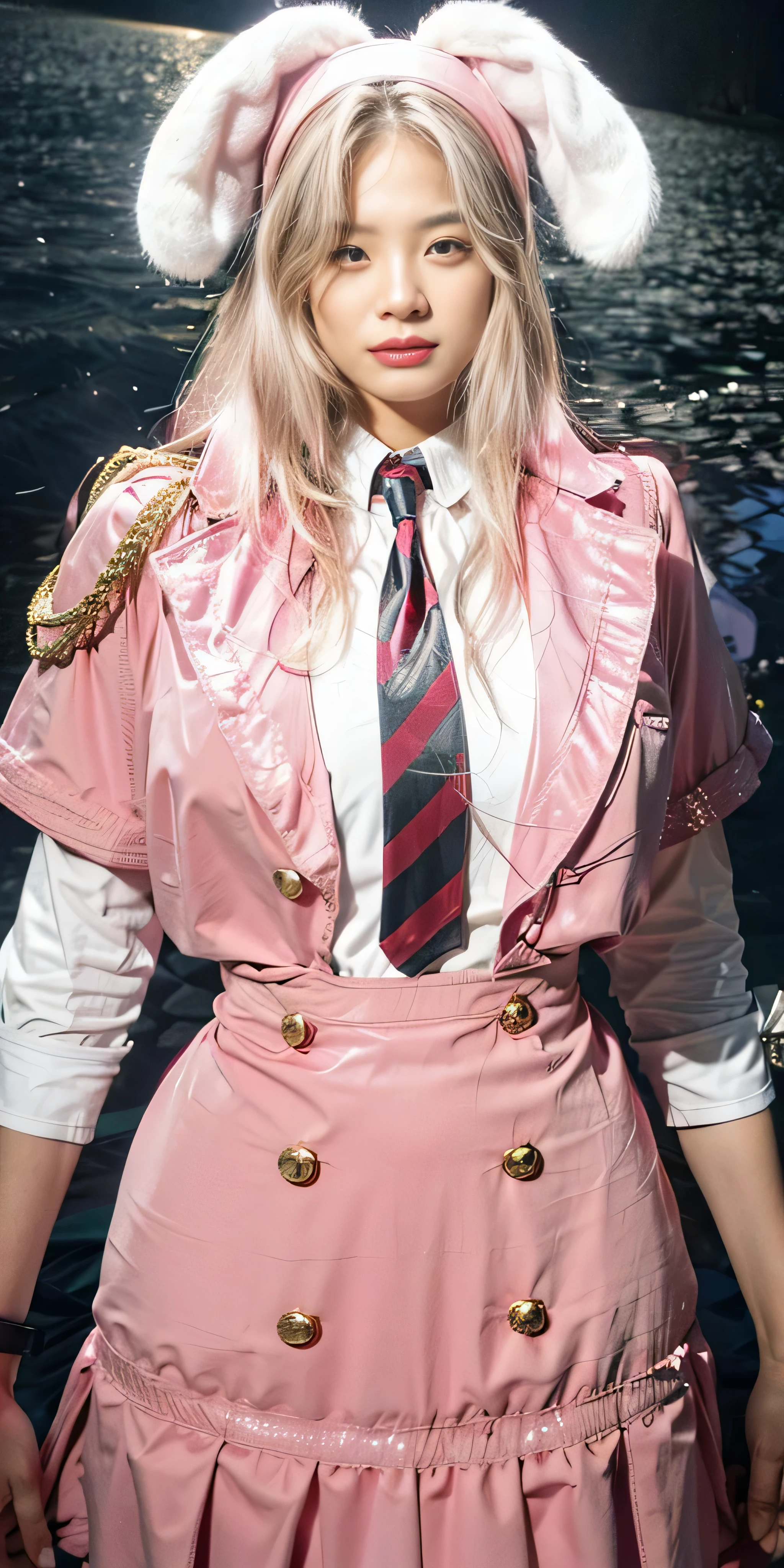 there is a woman in a pink dress and a bunny ears hat, very detailed and rich clothing, magic , pink and pink details, loose coat collar sailor uniform, sailor uniform, ((wearing aristocrat robe)), wearing a noblewoman's outfit, well - detailed outfit, wearing headmistress uniform, wearing a light - pink suit, slick pink armor, bunny ears headband, photorealistic:1.4, UHD, 8K