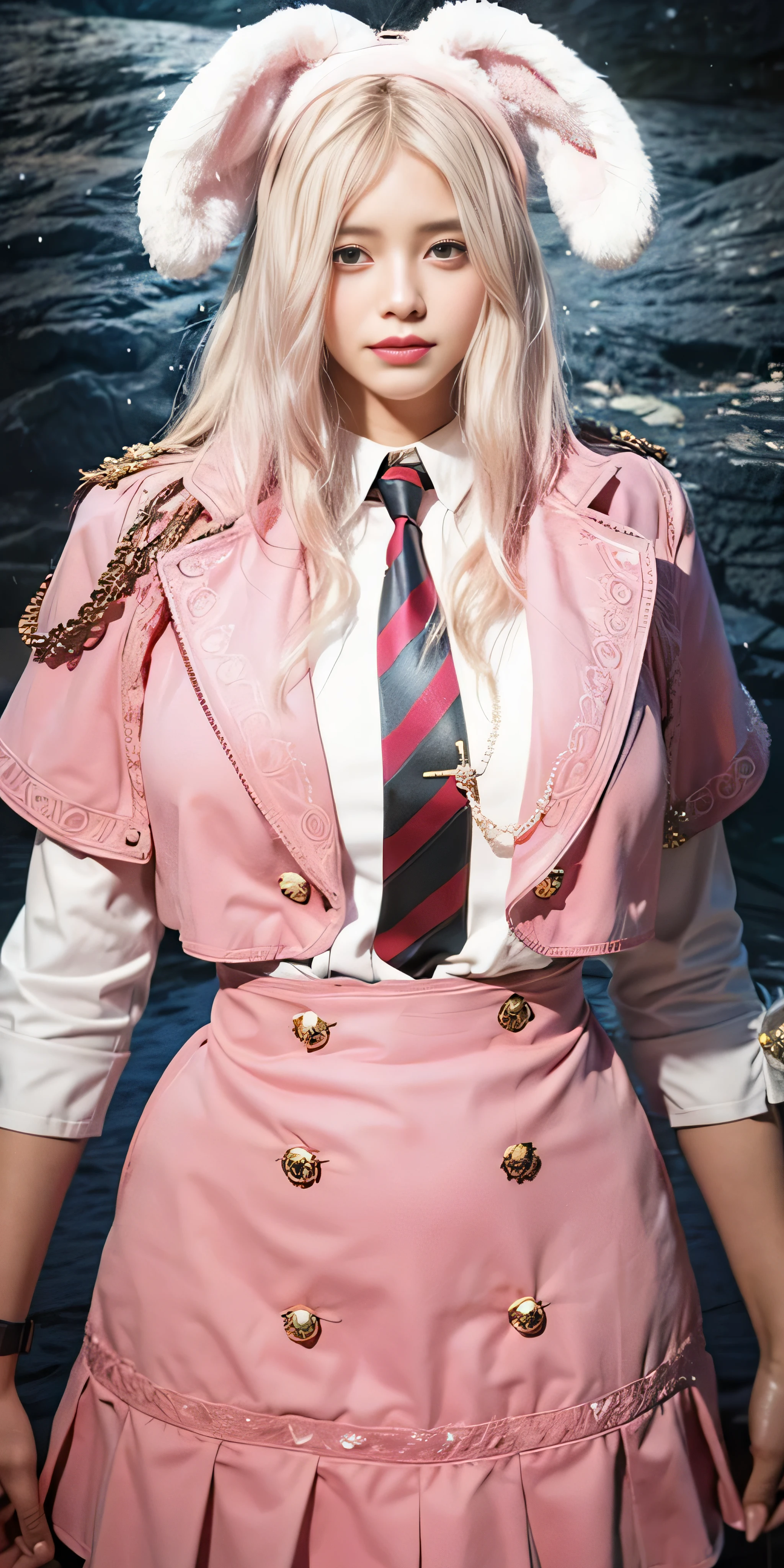 there is a woman in a pink dress and a bunny ears hat, very detailed and rich clothing, magic , pink and pink details, loose coat collar sailor uniform, sailor uniform, ((wearing aristocrat robe)), wearing a noblewoman's outfit, well - detailed outfit, wearing headmistress uniform, wearing a light - pink suit, slick pink armor, bunny ears headband, photorealistic:1.4, UHD, 8K