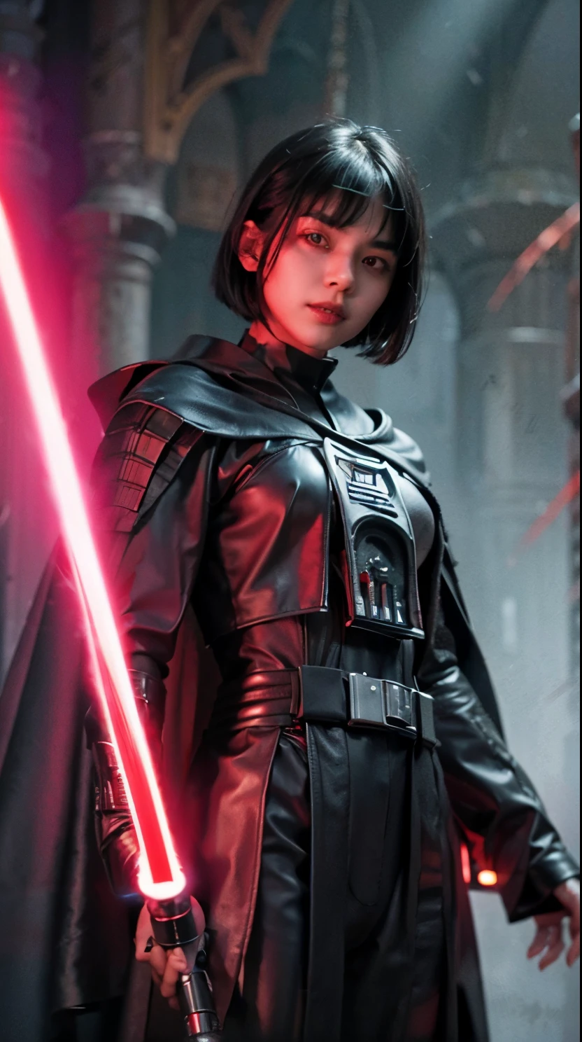  oriental girl, short bob cut black hair, bang, evil grin, pale skin, sith lord from star wars, wearing dark armor, black cape, holding a red lightsaber, modelling pose, cowboy shot, Ultra high res, uhd, (photorealistic:1.4), lighting from below