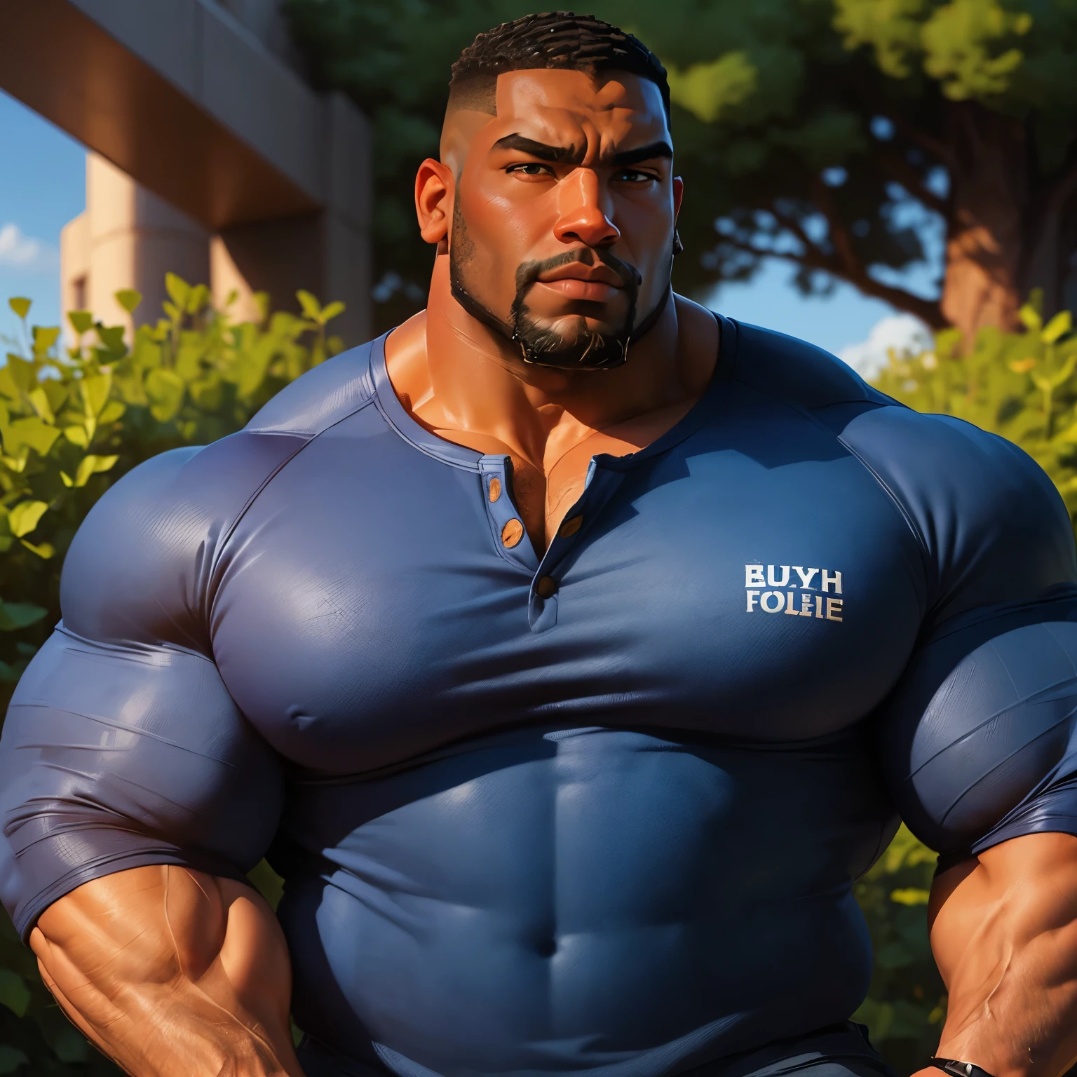 an exaggeratedly muscular and large bodyguard, beefy build, beard, dark-skinned african american male, buzzcut hair with square line, (wearing blue college henley: 1.2), (bara pecs: 1.3), (arm and chest hair: 1.1), portrait HD, (grassy university campus)