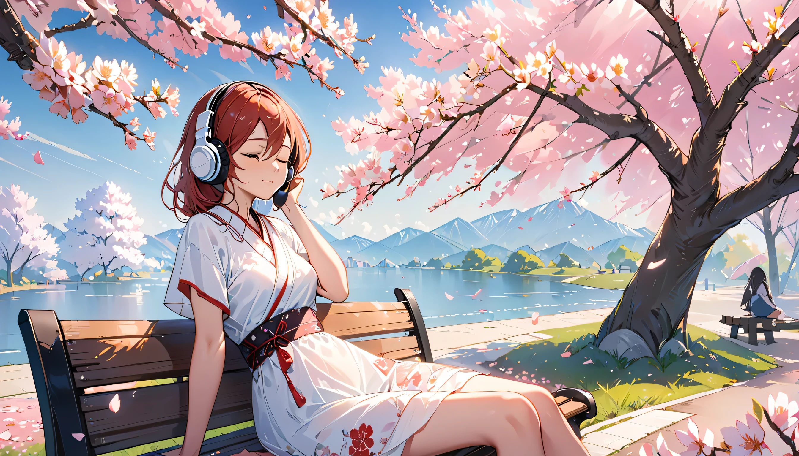 ((best quality)), ((masterpiece)), (detailed), perfect face, sitting under the cherry blossom tree, listening to music, One woman, wearing headphones, eyes closed, wearing underwear, underwear is transparent, sitting on a bench