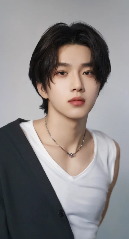 male in black cardigan oversize, collar bone, grey wall background, shadow in background, handsome boy\'s plump lips, round face shape, messy korean hairstyle, silver neckclase, iphone lens, detailed, realistic