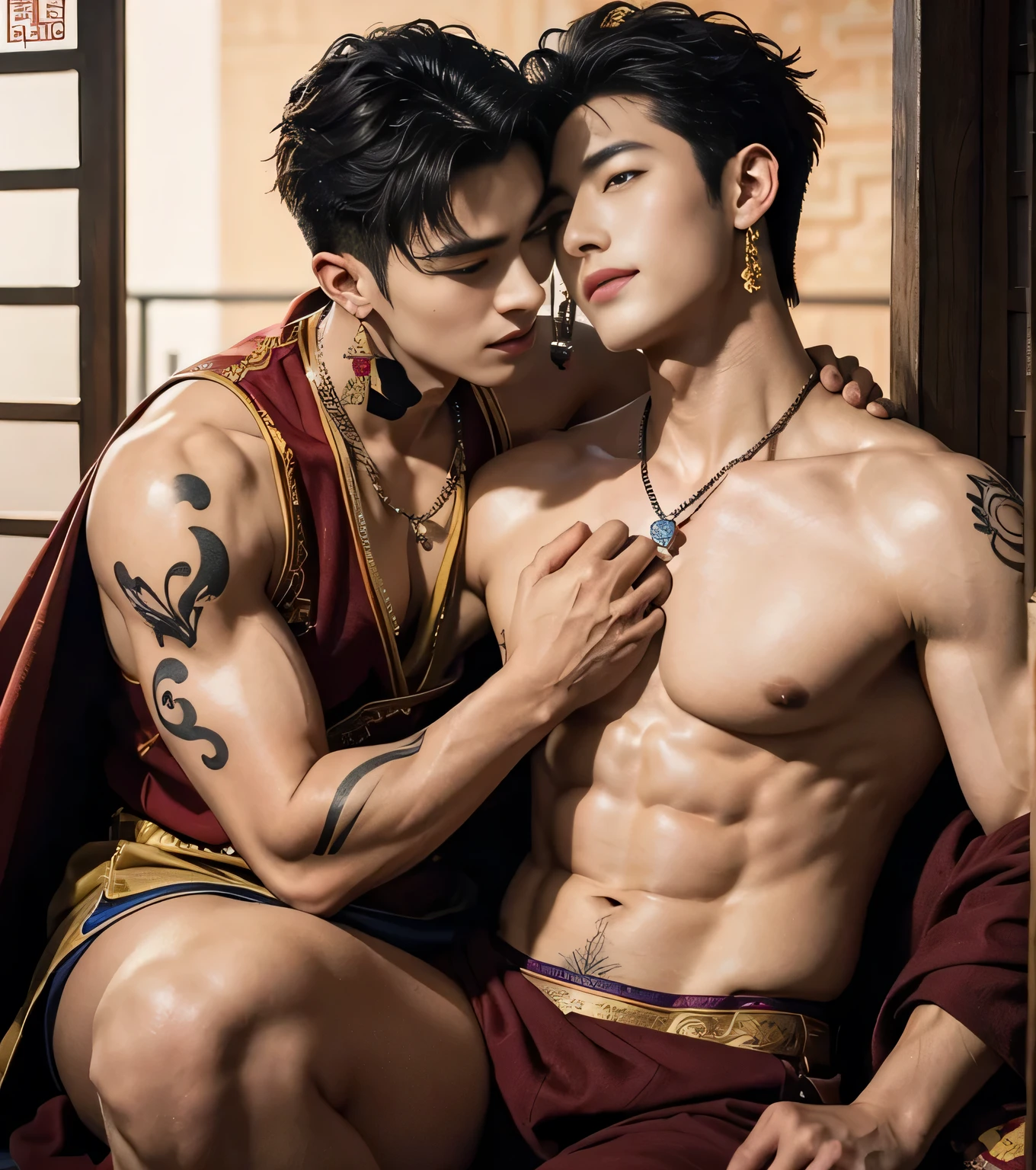 Two handsome boys kissing, smiling at each other,hugging, kissing, touching lips, cuddle, romantic,skin ship, Chinese Men God, Mythology, realistic, Chinese odyssy, super Handsome,manly, kpop idol, handsome korean actor, 20 years old,, detailed face, manly jawline, detailed mess curly styling hair, Topless, Muscles, big breast Athlete body, Full Frame,full body shoots, Sexy, realistic, human skin, tattoo breast, Professional studio Lighting, long red tibet wedding Outfit, jade and golden pendent all over , detailed jewery in dress, earings,Chinese ancient wedding Background,out door, super detailed background,look at camera , open mouth, sexy Underneathe Underwear, tibet Warrior, Hanfu red wedding dress, tibet Male, tibet Nobel, Seduce , bare chest , tattoo chest, tattoo arms, tattoo hands, tattoo back, tattoo legs , big juicy butts.