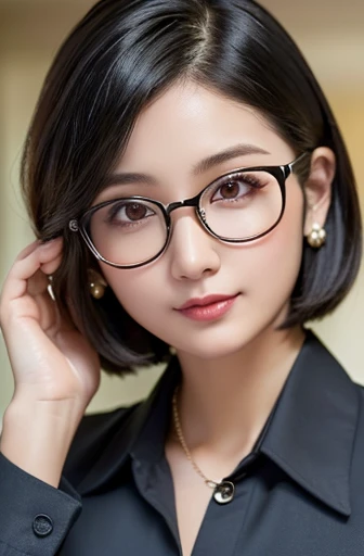 (best quality,8k,high resolution,masterpiece:1.2), 
(ultra-detailed,realistic:1.37),(portraits),
(short hairstyles),(Wellington-shaped glasses with black cell frames:1.2), 
(A lady of pure essence, adorned with innocence and a pristine aura, yet fortified with an unwavering inner strength, exudes a gentle grace.),
(A Japanese woman, 30 years old and 155cm tall.),
(She wears a neat, short hairstyle that gives off a clean impression, complemented by a pair of black cell frame glasses.),
(In impeccable attire, a woman adorned in a sky-blue shirt gazes upon me with gentle eyes, her presence a soothing balm to the soul.),
