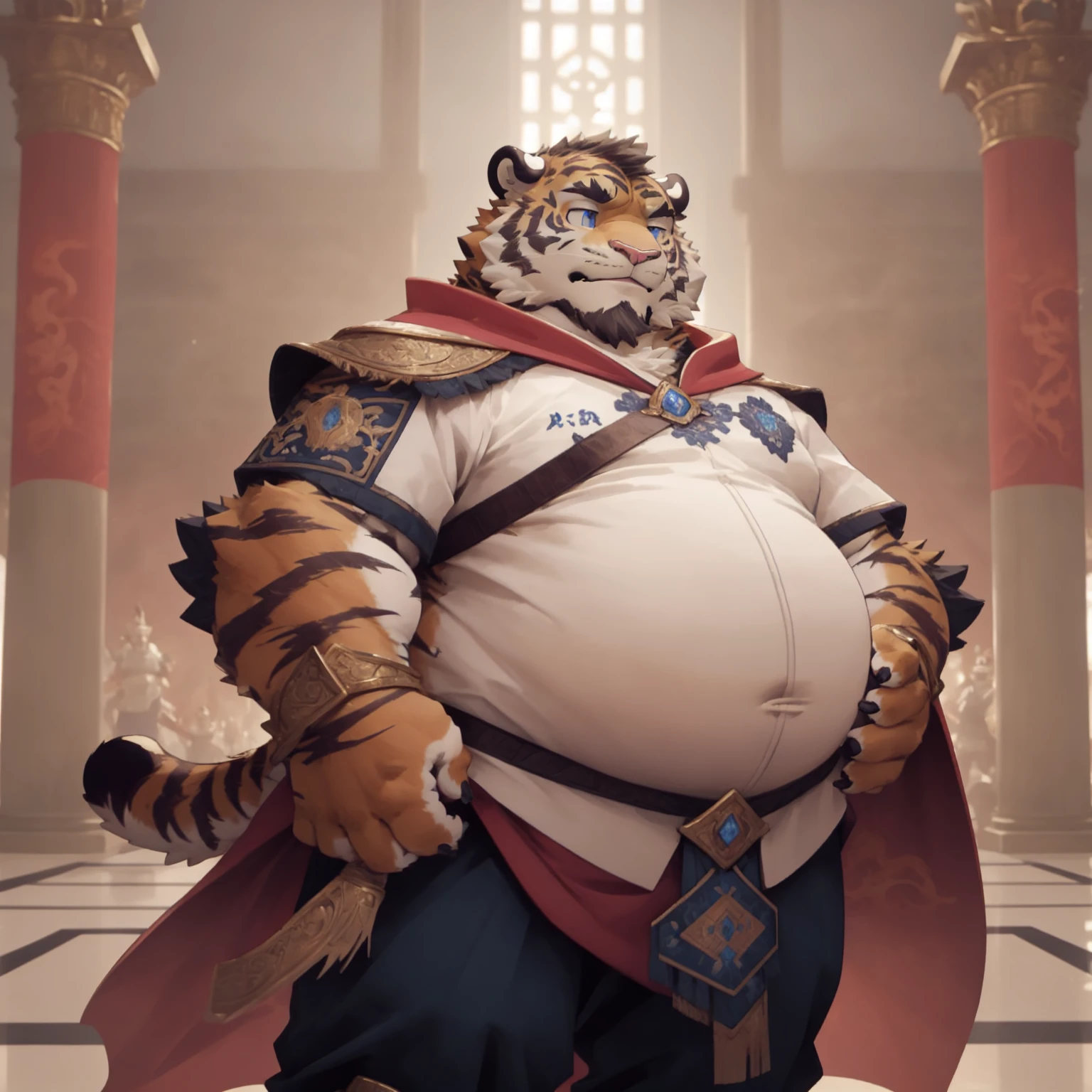 New Jersey 5 Furry,Tiger,portrait,Exquisite, Chubby,Fat,Thick arms,Rugged muscles,plush fur,Chubby脸,Black eyebrows,Sky blue eyes,Beard,Royal Palace,indoor,Imperial Bodyguard,Chinese armor,Battle shirt,Red Cape,Pants,stand at attention,Majestic