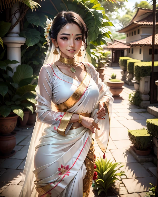 a close up of a woman in a white dress standing in a garden, wearing bihu dress mekhela sador, assamese aesthetic, traditional beauty, * colour splash *, shot on nikon z9, with lovely look, very beautiful enga style, candid picture, with kerala motifs, shot on canon eos r 5, shot on canon eos r5