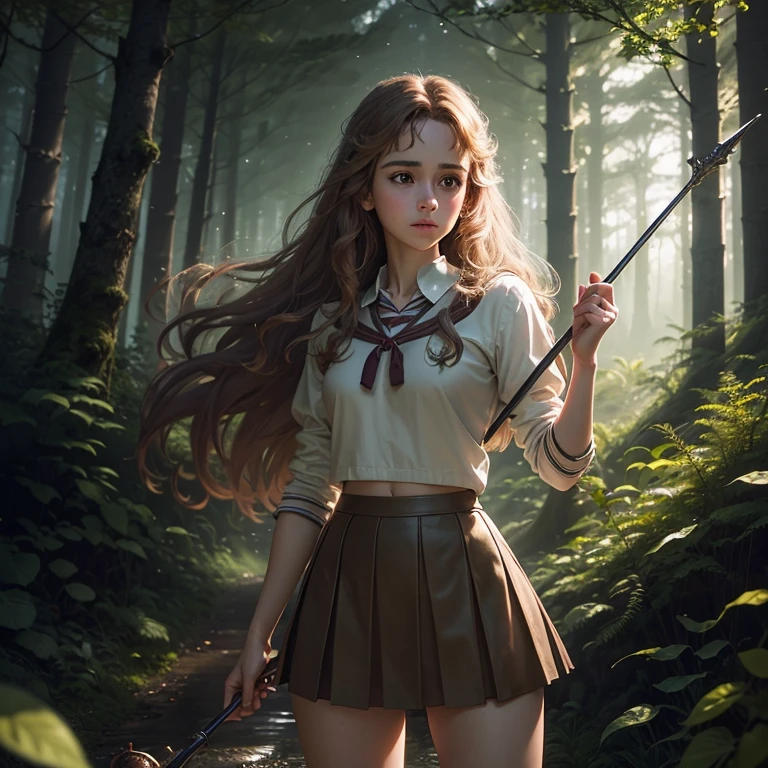 Realistic photography, high quality, Twenty-year-old Hermione Granger catches magical frogs in a forest clearing near Hogwarts, she is wearing a short skirt and a tight top, thin waist, detailed face, Moonlight night, thin hips, (unicorn in the distance: 1.1), strong wind, magic light, Danger