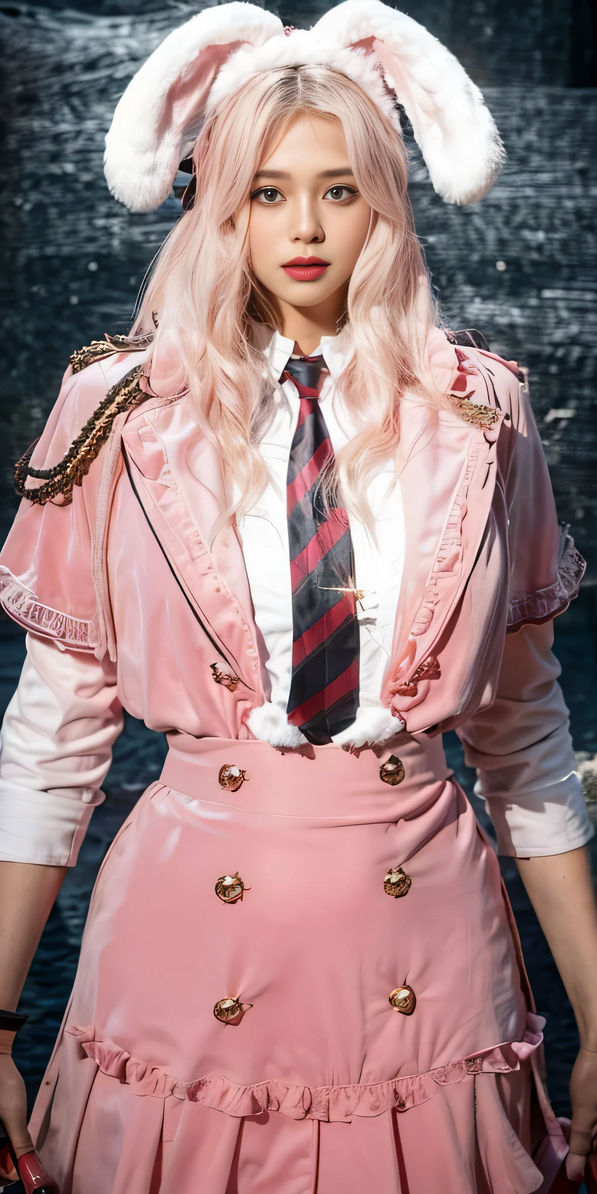 there is a woman in a pink dress and a bunny ears hat, very detailed and rich clothing, magic , pink and pink details, loose coat collar sailor uniform, sailor uniform, ((wearing aristocrat robe)), wearing a noblewoman's outfit, well - detailed outfit, wearing headmistress uniform, wearing a light - pink suit, slick pink armor, bunny ears headband, photorealistic:1.4, UHD, 8K