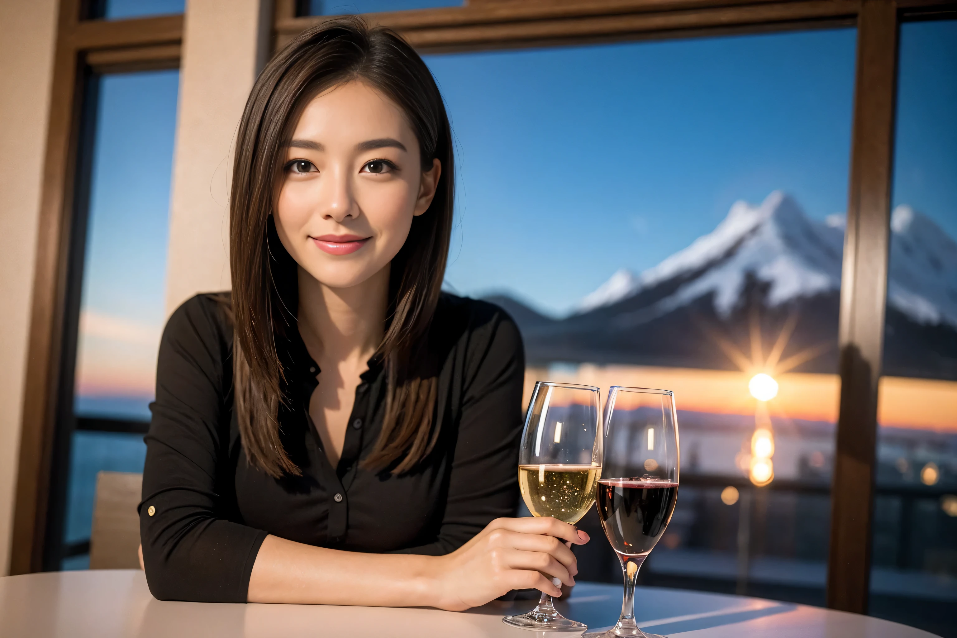 ((highest quality、8k、masterpiece:1.3))、Sharp focus:1.2、Beautiful woman perfect body:1.4、Slim body、((Bob Hale、Straight hair:1.2))、(to be born, highest quality, masterpiece:1.5), (Realistic, Intricate details:1.2), Ultra-high resolution, Shine light on your face、Spectacular view of the sunset sky and clouds、Amazing mountain views、A bright smile、wine glass、red wine 、Appetizer、Italian food、Wine bottle、Champagne、sparkling wine、, Beautiful Face, blue eyes, The light shines on your face, Blushing, short hair,Bright Face、Fox face、 (36 years old), 39 years old, Lady、Two beauties、Brown Hair、Shortcuts、Long sleeve shirt、dress、Pretty Woman 1, (slim face), (The body is slim), (Brown Hair), (Shortcuts), cheeks turn a little red,Attractive beauty、, Out of the window, A beautiful and detailed night view unfolds.........., restaurant, In a prominent place (From the waist up) Nova Frog Style, actress, model, Upper Body, White wine, slim, wine glass, A wine glass placed in the middle, smile, (smile: 1.15), Beautiful fine grain, Depth f/2,saturation, High Contrast, Strong light and shadow,Moist Body:1.5、3D texture、Delicate eyes、Brown Hair、The hair is very shiny、
