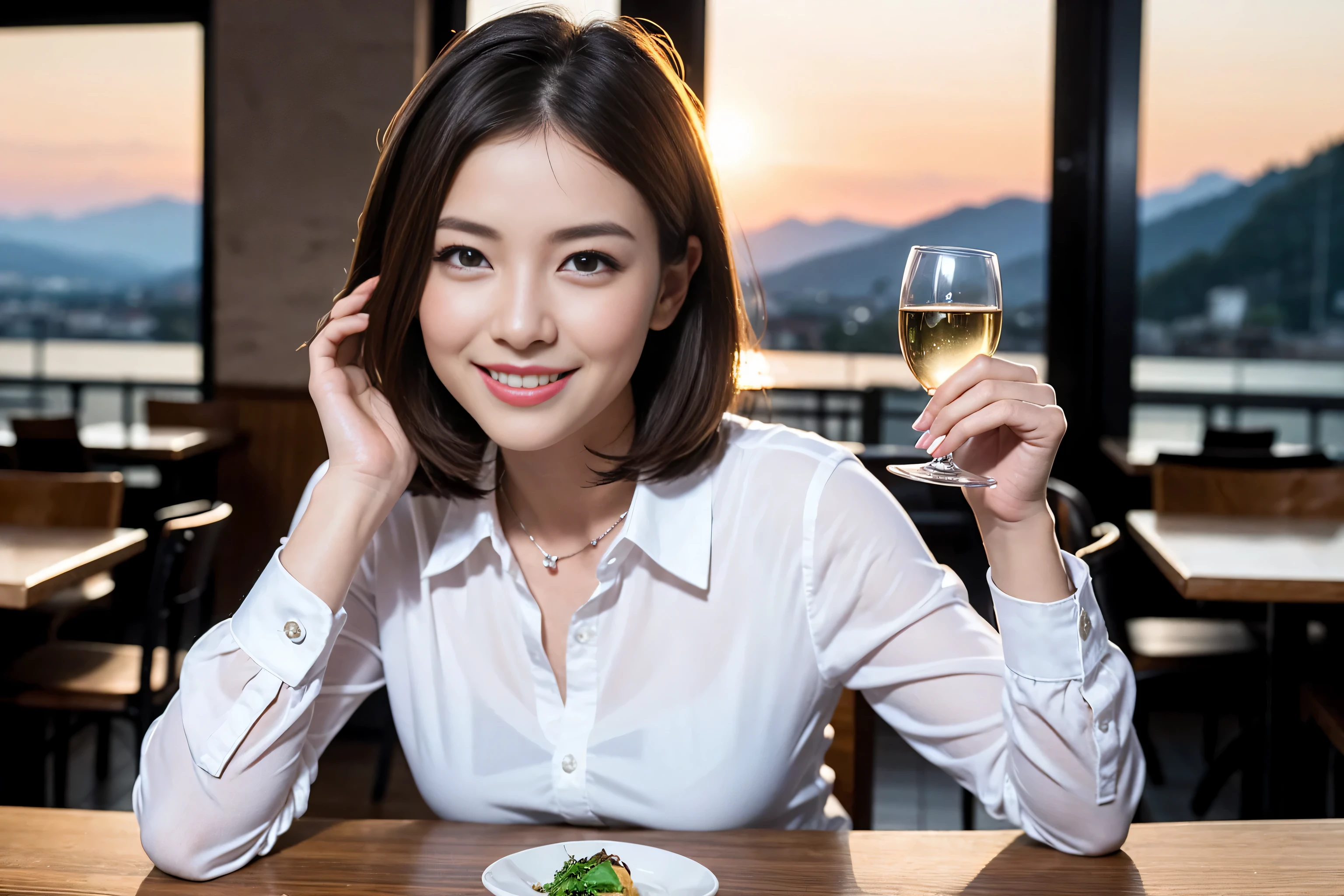 ((highest quality、8k、masterpiece:1.3))、Sharp focus:1.2、Beautiful woman perfect body:1.4、Slim body、((Bob Hale、Straight hair:1.2))、(to be born, highest quality, masterpiece:1.5), (Realistic, Intricate details:1.2), Ultra-high resolution, Shine light on your face、Spectacular view of the sunset sky and clouds、Amazing mountain views、A bright smile、wine glass、red wine 、Appetizer、Italian food、Wine bottle、Champagne、sparkling wine、, Beautiful Face, blue eyes, The light shines on your face, Blushing, short hair,Bright Face、Fox face、 (36 years old), 39 years old, Lady、Two beauties、Brown Hair、Shortcuts、Long sleeve shirt、dress、Pretty Woman 1, (slim face), (The body is slim), (Brown Hair), (Shortcuts), cheeks turn a little red,Attractive beauty、, Out of the window, A beautiful and detailed night view unfolds.........., restaurant, In a prominent place (From the waist up) Nova Frog Style, actress, model, Upper Body, White wine, slim, wine glass, A wine glass placed in the middle, smile, (smile: 1.15), Beautiful fine grain, Depth f/2,saturation, High Contrast, Strong light and shadow,Moist Body:1.5、3D texture、Delicate eyes、Brown Hair、The hair is very shiny、