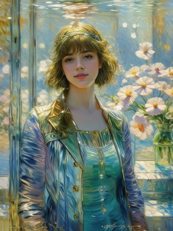 Aquarium with rainbow fish, behind the thick glass of the aquarium there is a girl, Portrait of a 25-year-old girl with long blond hair, dressed in a dress made of light material, the rays of the sun are refracted through the water and shine on the girl's face, fish swim in front of the girl, Bromine art, the image of an epic fantasy character, portrait of a character, fantasy art, works by Richard Schmid, A.Mucha, Volegov, impressionism, your love