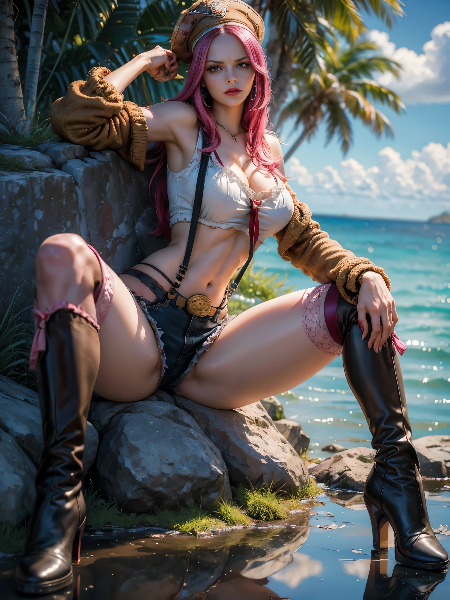 ((top-quality, 8K, masterpiece:1.3)), detailed eyes, (looking at from the front), Look at the camera, ((Everything is sparkling, reflecting light:1.2)), (Best Ratio: 4 fingers, 1 thumb), (portrait), (((Jewelry Bonney from One Piece))), JewelryBonneyV2, 1girl, solo, (cute Asian face),((cute face)), long hair, pink hair, pirate's hat, ((slim girl, large breasts, hyperdetailed lips)), red lips, (thighhighs, tank top, suspenders, boots, purple eyes), navel, midriff, crop top, belt, suspender shorts, complex detailed background, barren land, rocks, ocean, nature environment, (sitting, open legs :1.5)