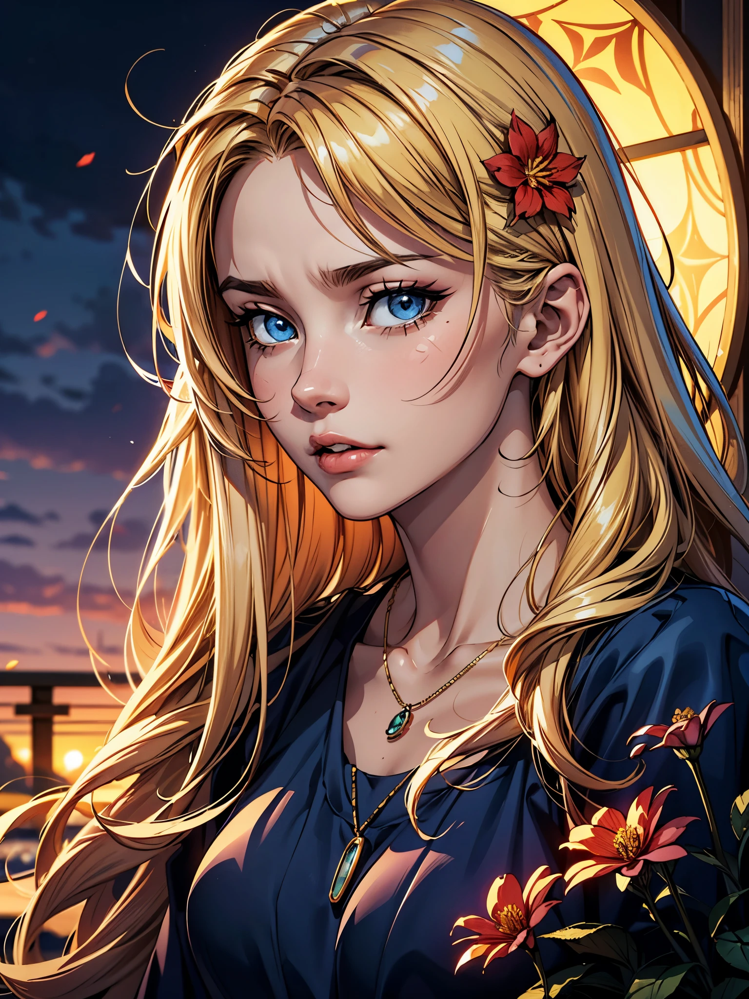 (masterpiece),(top-quality:1.2),1girl in,(masuter piece:1.3),exquisitedetails, Highest quality 8K resolution, Ultra-detailed, Realistic, Vibrant colors, Soft tones, With warm and gentle lighting,early evening,Big sunset,(Smooth straight blonde hair:1.2),(Hair parted in the middle:1.3),(Glowing hair),(Dark blue eyes:1.3),White skin, hair clips,Autumn twilight、Fox personification,Yellow dress、(Red Higan Flower:1.4)、is crying、Guibli、Valley,a necklace、