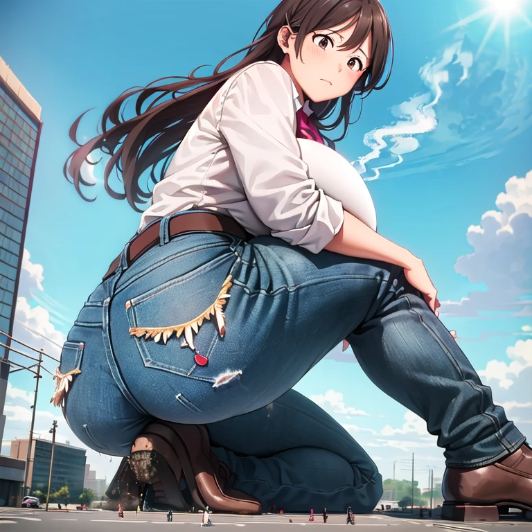 Two Giant Girls, Giantess　mother and giantess　junior high school student, giantess, ((A giant lady bigger than a continent), Woman stooping, mamiya_kantaicollection, huge breast, Mature Woman, big ass, denim, shirt, low angle, View from the womans feet, Great impact, Very small city, city, Woman sitting, Woman about to sit down, Woman sitting on the ground, Woman sitting on the ground in the city, Broken Building, Destroyed town, Smoke from the buttocks, Dust, Big cities, Background of the metropolis, A giantess sitting in the biggest city on the continent, Super huge  girl bigger than a continent, from behind, from below, from below, panorama