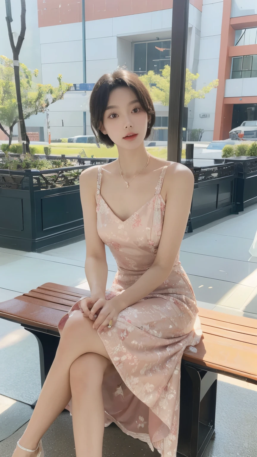 personal，Young Girls，23 years old, （（evening dress）），Fine hairs, Delicate face, full的身材，full,  Short hair details, sit down，look up, Have a beauty mole， bench，Taikoo Li