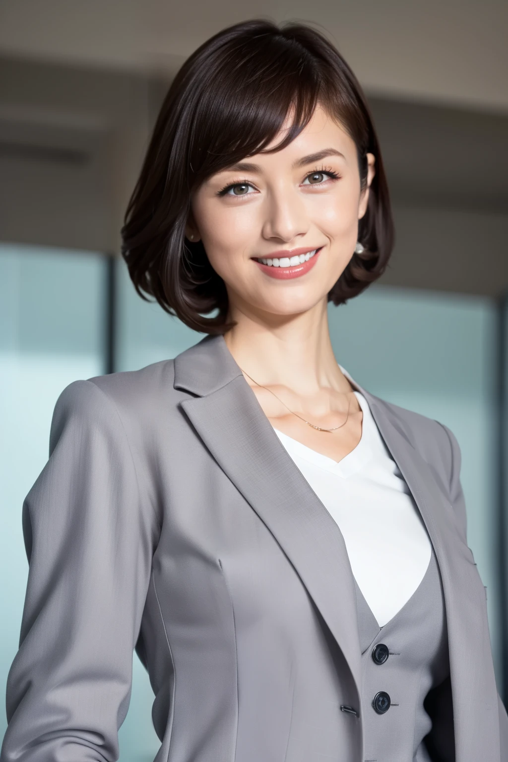 1 young girl, looking confident (a full body view, looking directly at the camera, wearing a 2-piece suit),(RAW photo, best quality), (realistic, photo-realistic:1.4), masterpiece, an extremely delicate and beautiful, extremely detailed, 2k wallpaper, Amazing, finely detail, extremely detailed CG unity 8k wallpaper, ultra-detailed, highres, soft light, beautiful detailed girl, extremely detailed eyes and face, beautiful detailed nose, beautiful detailed eyes, cinematic lighting,(In a modern office inside of a skyscraper),perfect anatomy,slender body,smiling 