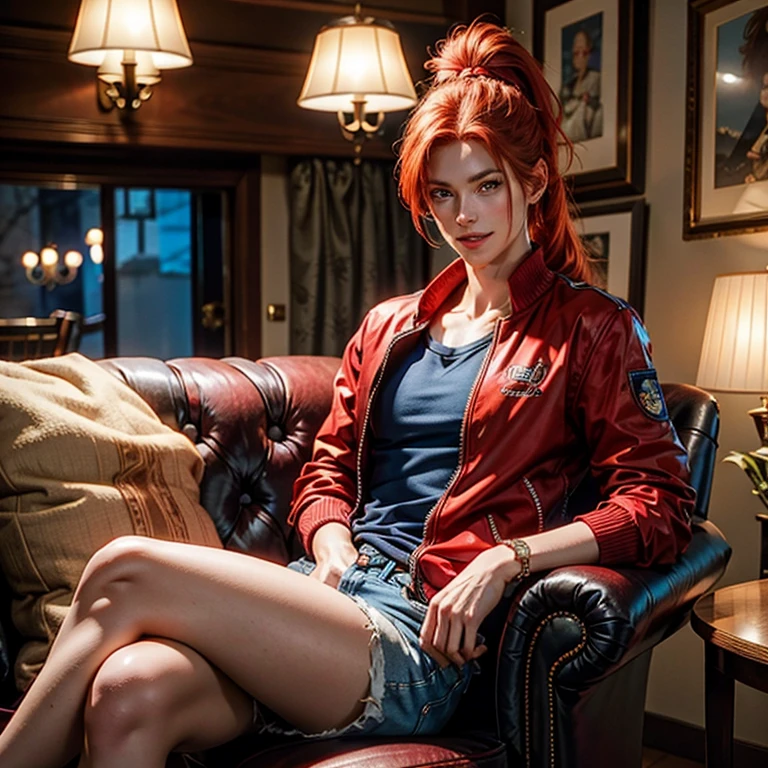redhead, blue eyes, red shorts, red t-shirt, handsome, ponytail, 21 years old, so handsome, legs crossed, sitting on armchair, girl, smile, jacket, beauty, face, cute, beauty hair
