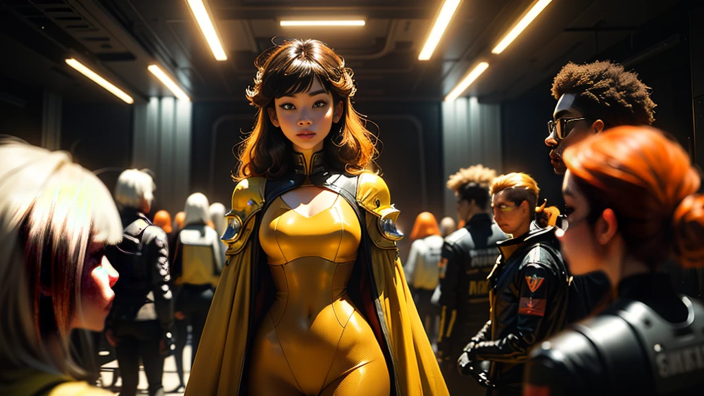 a close up of a woman in a yellow outfit standing in front of a group of people, 1970’s science fiction art, pixiv front-page, inspired by Didier Mouron, barbarella, hyper maximalist, orange hue, the style of wlop, heavy metal album cover, female protagonist