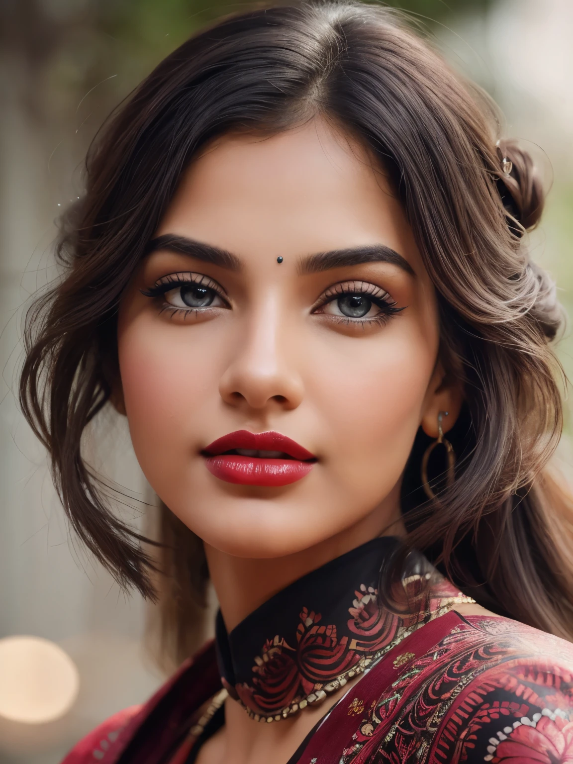 big , night bokeh effect background, perfect pink eyes, fantastic face, Indian, beautiful look, ((red lips, bright eyes, curve heir 1.5)), ((beautiful details body)), A glorious gorgeous, glorious gorgeous face, pretty face, bright eyes, detailed elegant printed shirt, updo elegant hair, blurred gray tones background, ultra focus, face ilumined, face detailed, 8k resolution, painted, dry brush, brush strokes,