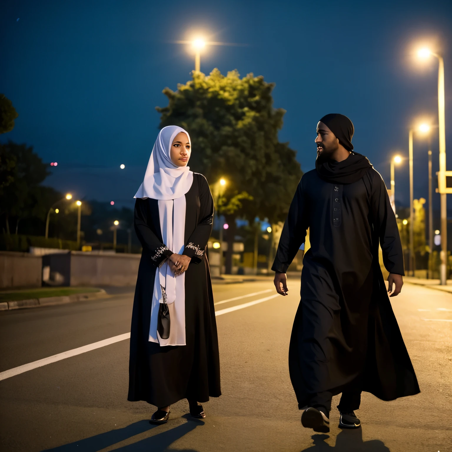 A couple with the man taller than the woman walks towards the west under the street lights at night. The woman is dressed in a Muslim outfit with a brown 'gamis' and a white headscarf, while the man is wearing an all-black martial arts outfit. The photo has a long-distance view. They both walk in the same direction, the man on the right and the woman on the left.