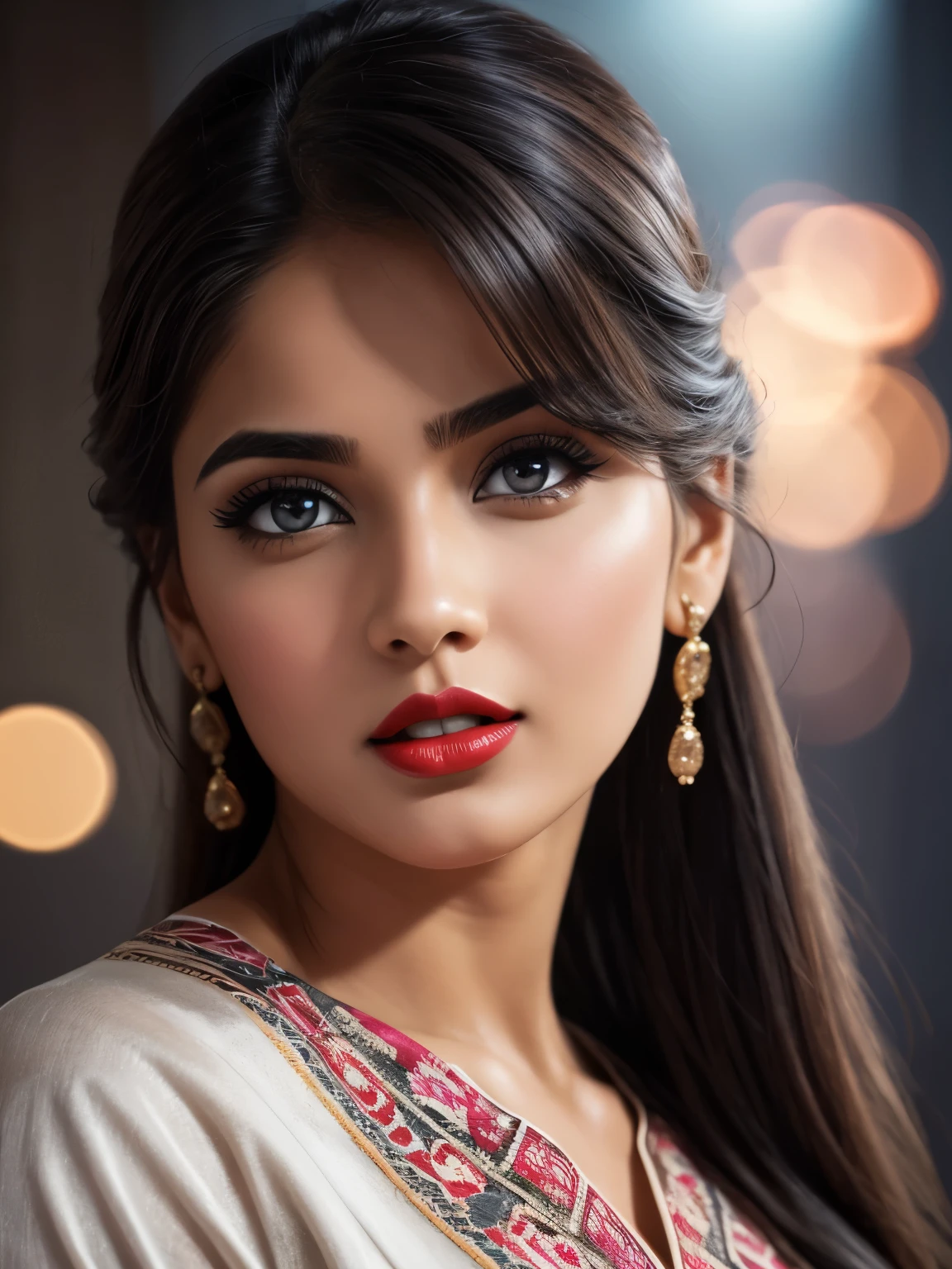 big , night bokeh effect background, perfect pink eyes, fantastic face, Indian, beautiful look, ((red lips, bright eyes, curve heir 1.5)), ((beautiful details body)), A glorious gorgeous, glorious gorgeous face, pretty face, bright eyes, detailed elegant printed shirt, updo elegant hair, blurred gray tones background, ultra focus, face ilumined, face detailed, 8k resolution, painted, dry brush, brush strokes,