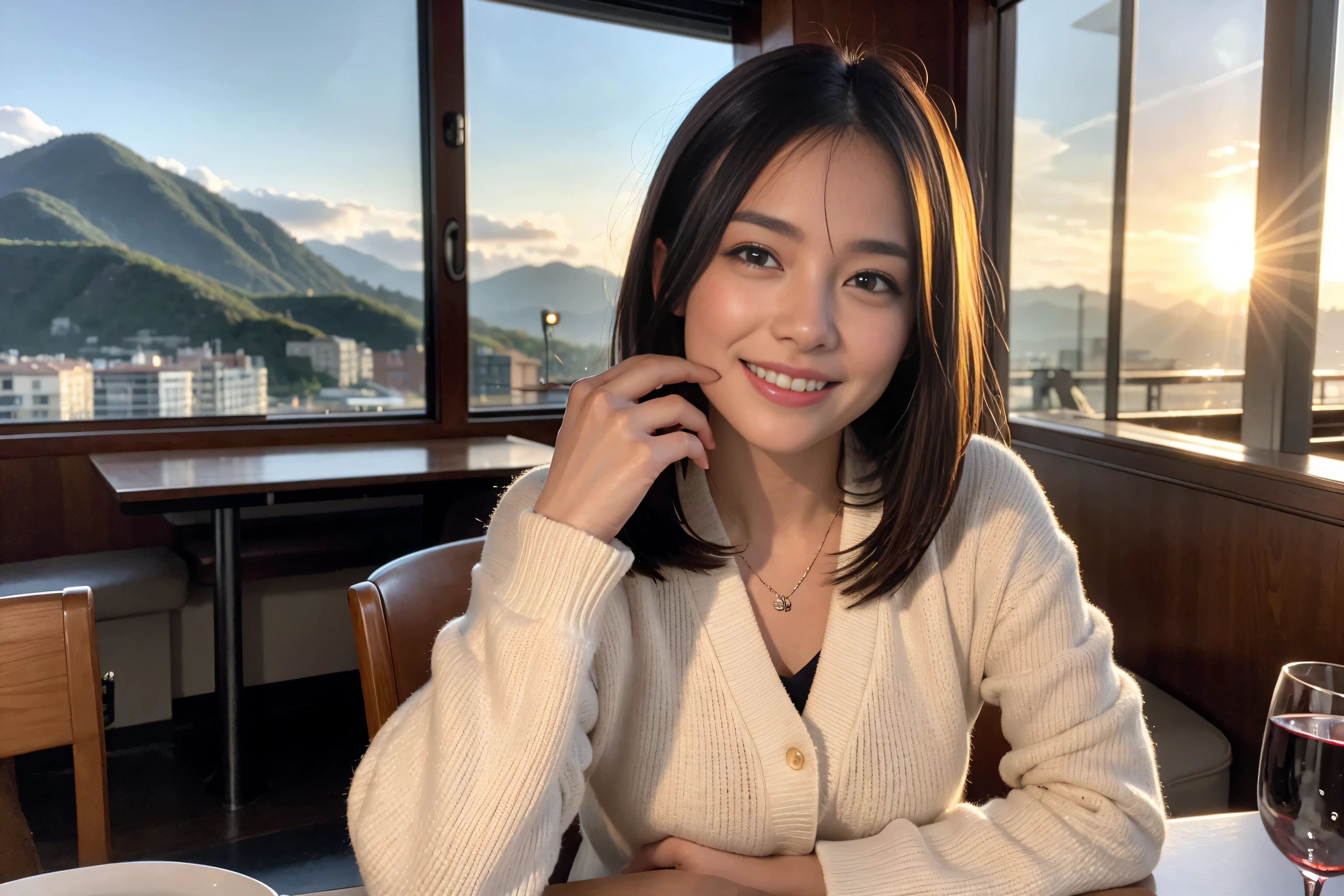 ((highest quality、8k、masterpiece:1.3))、Sharp focus:1.2、Beautiful woman perfect body:1.4、Slim body、((Bob Hale、Straight hair:1.2))、(to be born, highest quality, masterpiece:1.5), (Realistic, Intricate details:1.2), Ultra-high resolution, Put the light on your face、Spectacular view of the sunset sky and clouds、Amazing mountain views、A bright smile、wine glass、red wine 、Appetizer、Italian food、Wine bottle、Champagne、sparkling wine、, Beautiful Face, blue eyes, The light shines on your face, Blushing, short hair,Bright Face、Fox face、 (42 years old), 40 years old, Lady、Two beauties、Brown Hair、Shortcuts、Long sleeve shirt、dress、Pretty Woman 1, (slim face), (The body is slim), (Brown Hair), (Shortcuts), cheeks turn a little red,Attractive beauty、, Out of the window, A beautiful and detailed night view unfolds.........., restaurant, In a prominent place (From the waist up) Nova Frog Style, actress, model, Upper Body, White wine, slim, wine glass, A wine glass placed in the middle, smile, (smile: 1.15), Beautiful fine grain, Depth f/2,saturation, High Contrast, Strong light and shadow,Moist Body:1.5、3D texture、Delicate eyes、Brown Hair、The hair is very shiny、