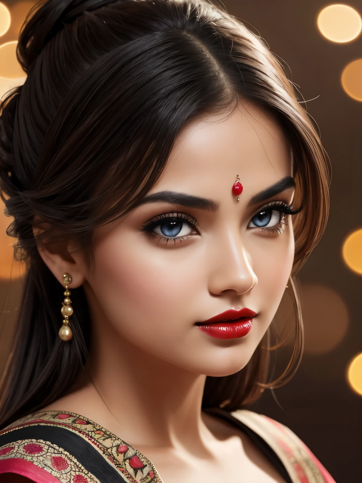 big , night bokeh effect background, perfect pink eyes, fantastic face, Indian, beautiful look, ((red lips, bright eyes, curve heir 1.5)), ((beautiful details body)), A glorious gorgeous, glorious gorgeous face, pretty face, bright eyes, detailed elegant printed shirt, updo elegant hair, blurred gray tones background, ultra focus, face ilumined, face detailed, 8k resolution, painted, dry brush, brush strokes,