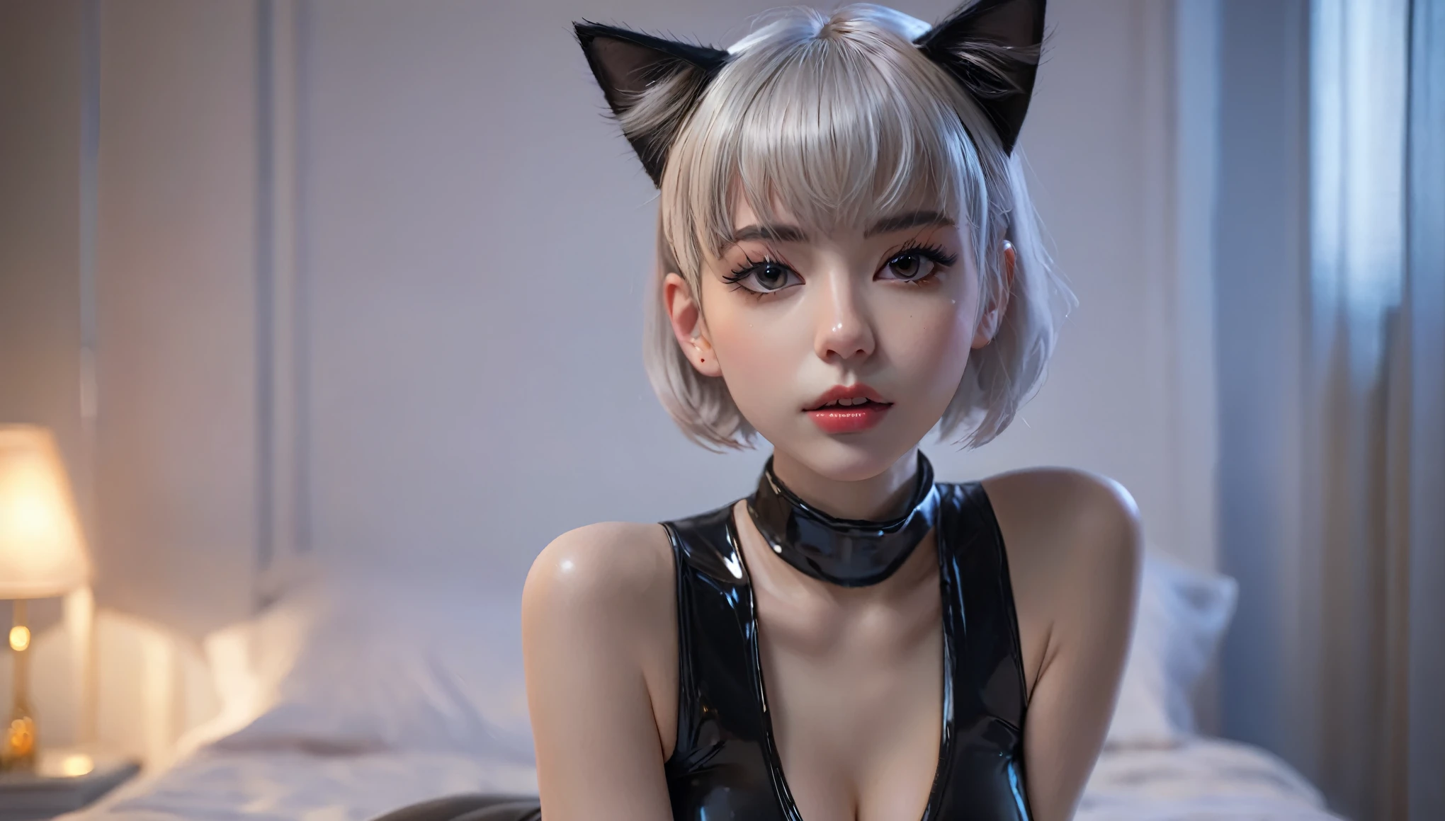 Top Quality, Masterpiece, High Resolution, 8k, (small skinny girl in rubber see through bodysuit, small black collar, cat ears, fear in her face), beautiful detailed eyes, beautiful detailed lips, no lipstick, extremely detailed face, small hips, pixie side shaved hair, posing anxiously on the bed