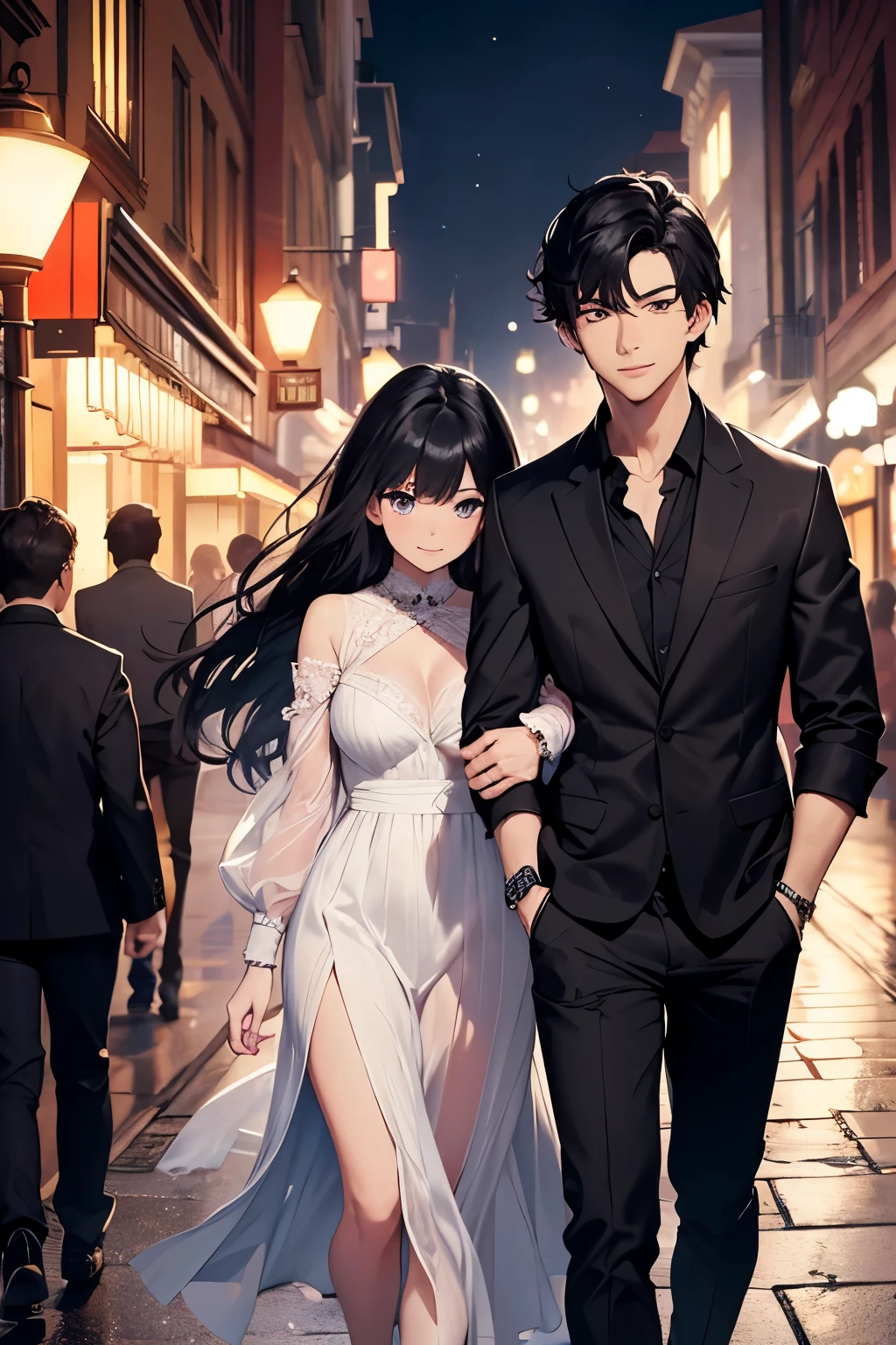 (masterpiece: 1.2, high quality), high image detail, there is a magic fountain, 2 full-length characters, a girl with expressive eyes and a sweet smile and a guy with a romantic look and a sweet smile, petals swirl around a couple, a girl and a guy walk down the street in the city center, a girl walks next to a guy and She presses her head against the guy.
The girl has black hair, a beautiful romantic dress.
The guy has black hair, a white shirt and black jeans.