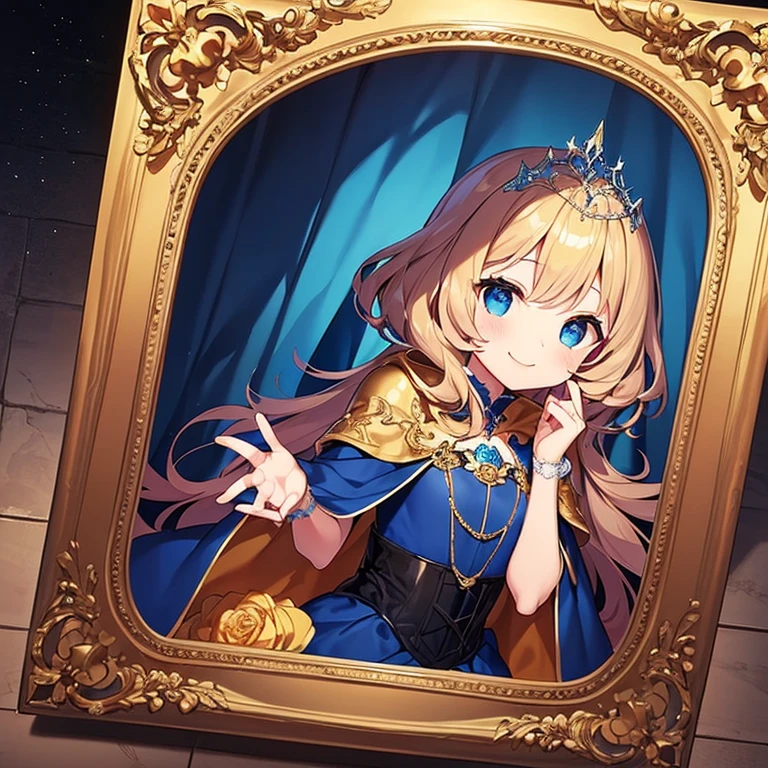 (kawaii),(best quality),(ultra detailed), upper body,(rococo style),(long train deep blue cape:1.15), very long cape,(long train deep blue ball gown with flower decorations:1.05), a girl is wearing a cape over her gown, 1 little princess, tiara, smile, very long hair, small breasts