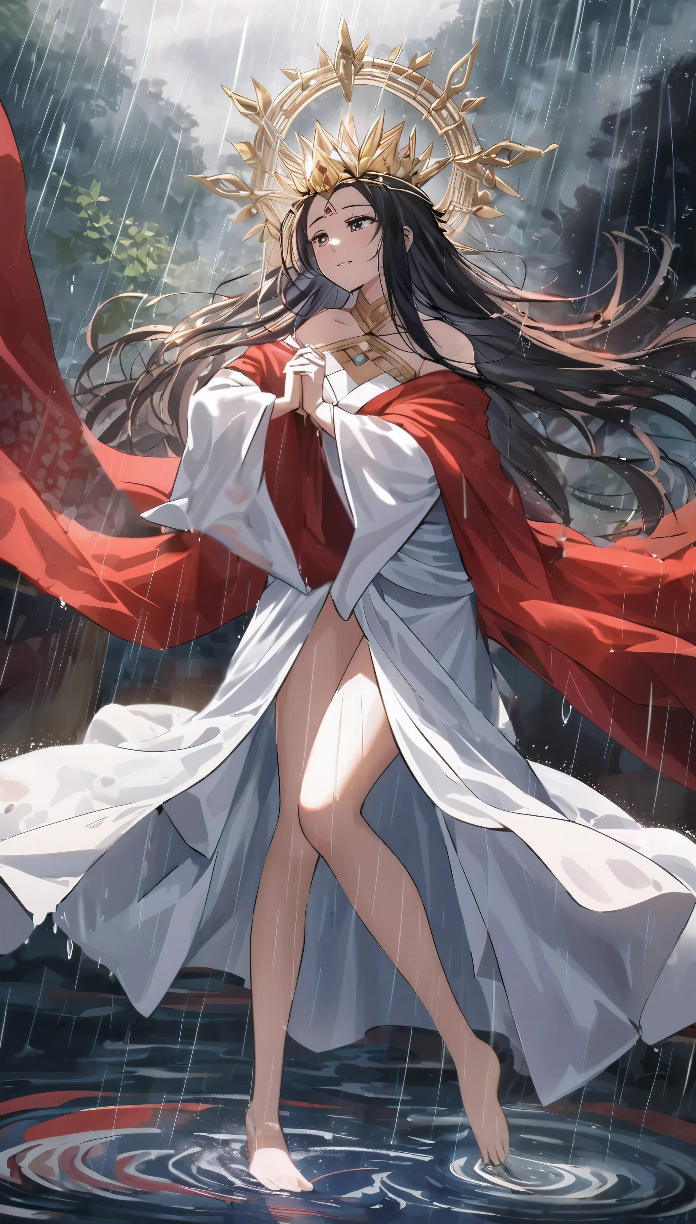 anime girl in a white dress and red cape in the rain, flowing hair and long robes, flowing robes, wearing a flowing cloak, flowing magical robe, wearing flowing robes, flowing white robes, flowing cape, beautiful alluring anime woman, flowing robe, anime goddess, beautiful anime woman, anime style 4 k, anime girl with long hair, 4k anime wallpaper